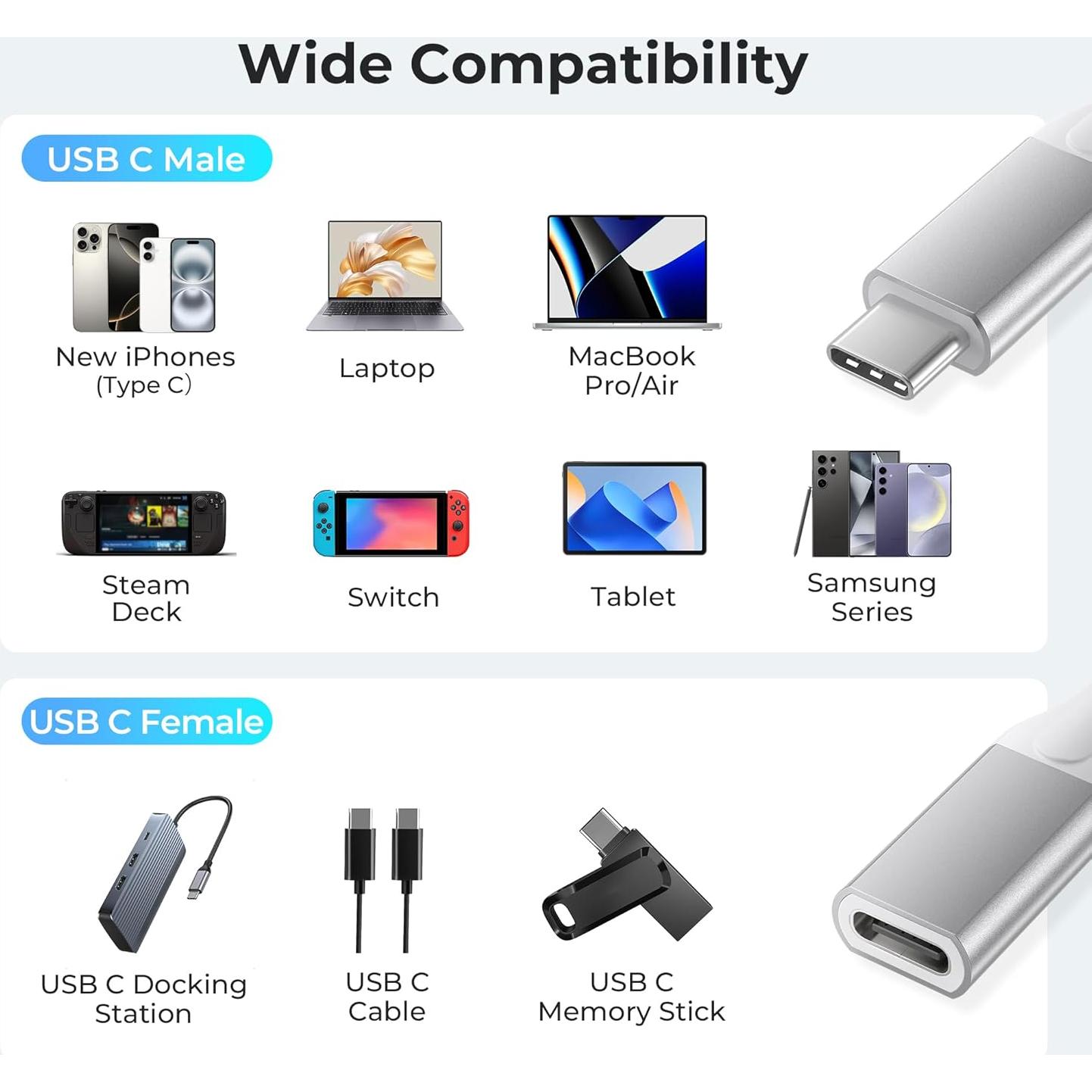 Cable Extensión USB-C 2M Basesailor 10Gbps Carga 100W Plata