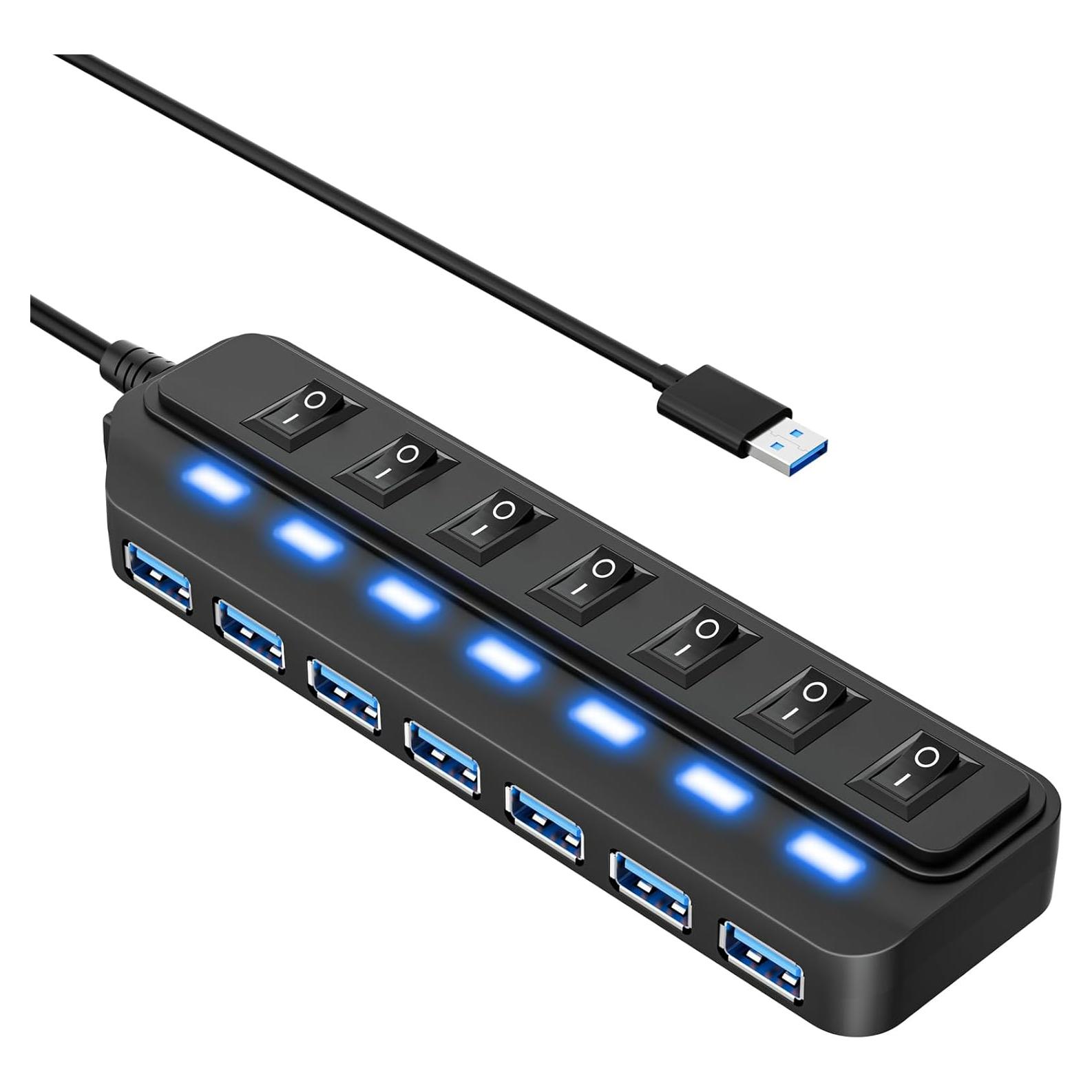 Hub USB 3.0 WIRWTRU de 7 Puertos con Interruptores LED