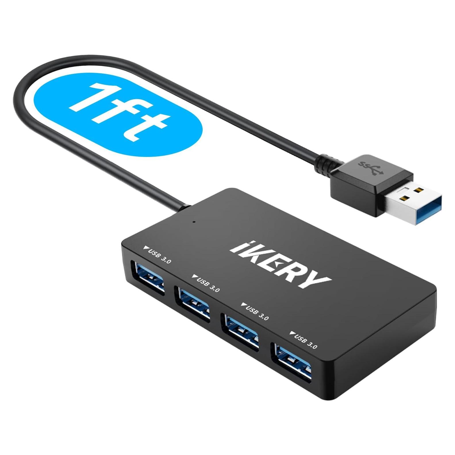 Hub USB 3.0 4 Puertos IKERY - Alta Velocidad 5Gbps, Negro 30.48 cm