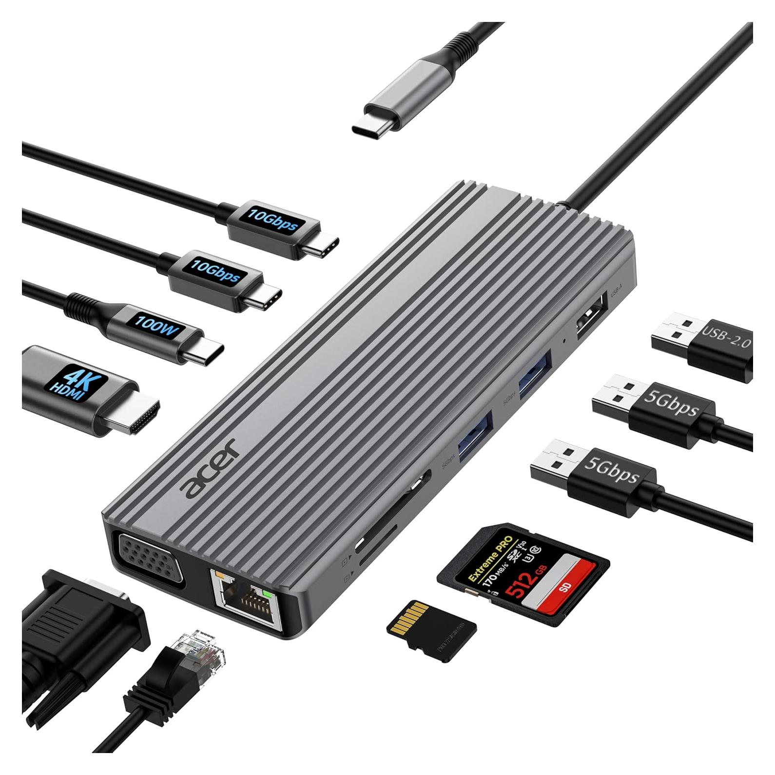 Adaptador Multiport USB C HUB Acer 11 en 1 HDMI 4K VGA 1080P