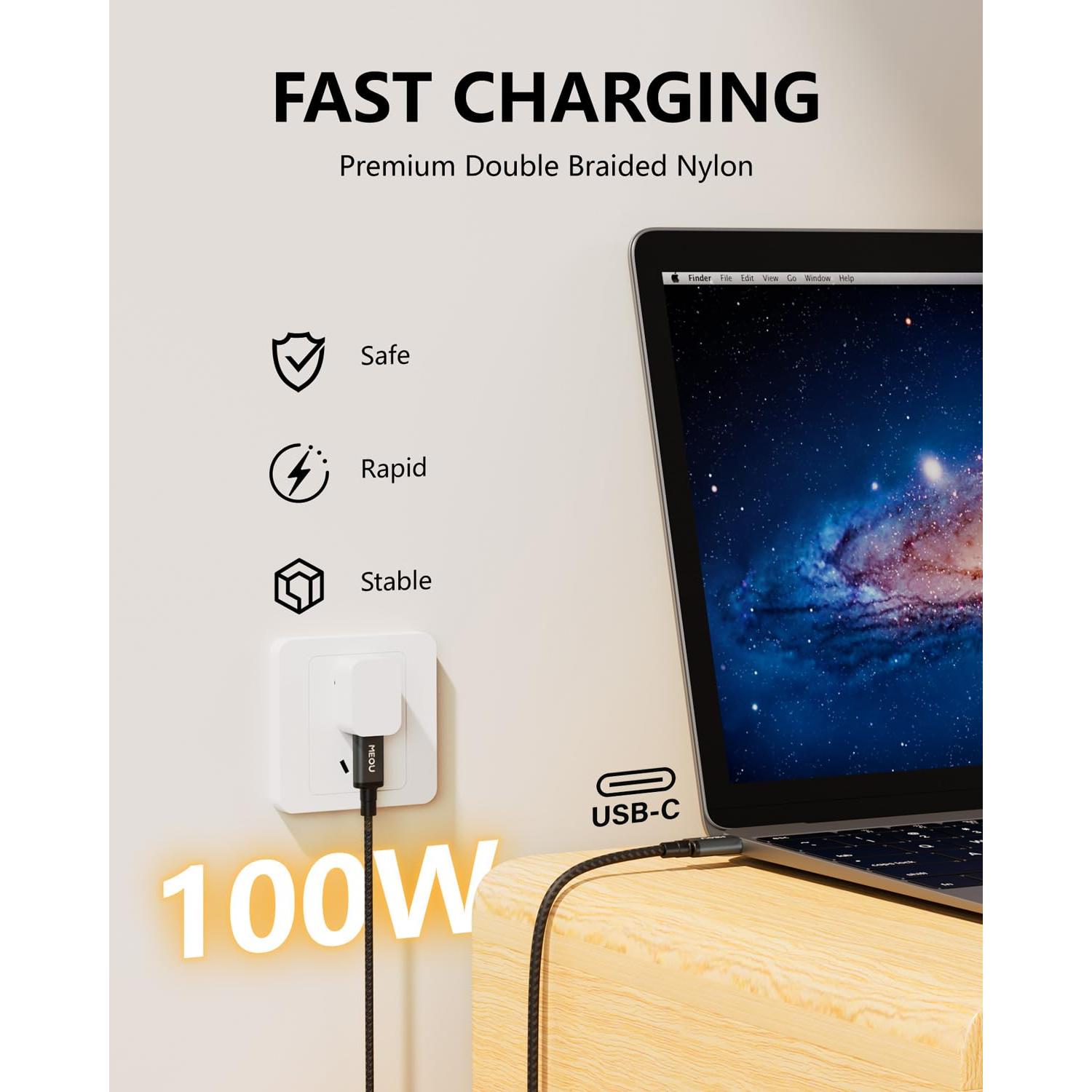 Cable USB C a USB C 1m MEOU Carga Rápida 100W Trenzado