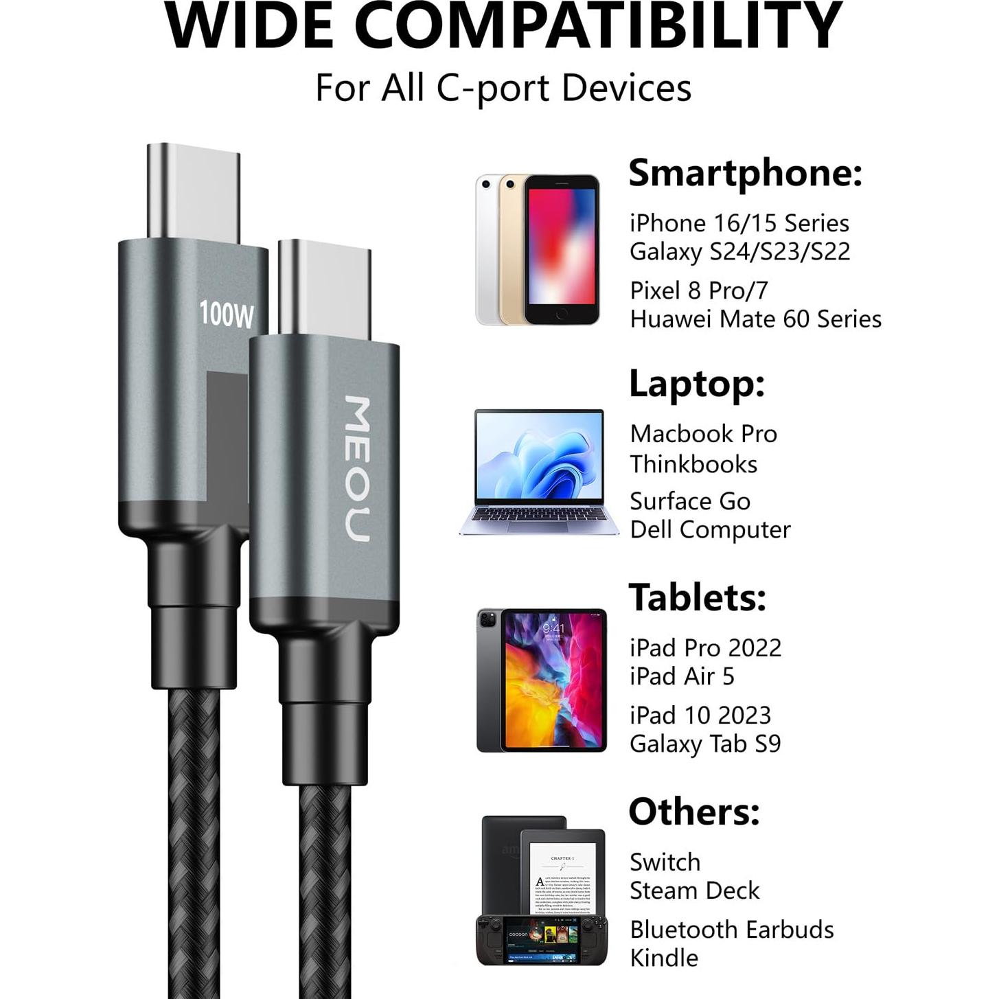 Cable USB C a USB C 1m MEOU Carga Rápida 100W Trenzado