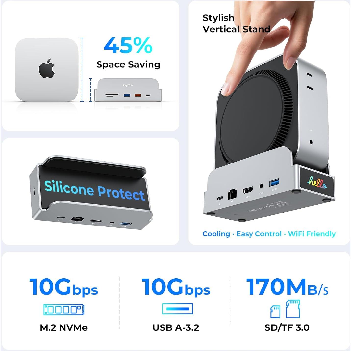 Soporte Dock Pro RayCue para Mac mini M4 - Hub 11 en 1 4K