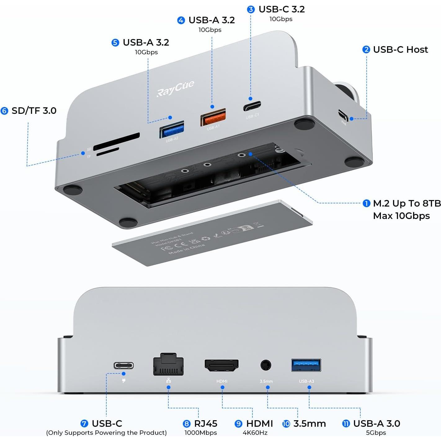 Soporte Dock Pro RayCue para Mac mini M4 - Hub 11 en 1 4K