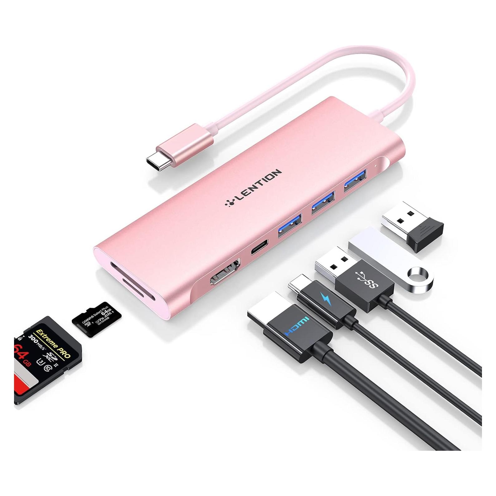 Hub USB C 7 en 1 Lention Oro Rosa con HDMI 4K y 3 USB 3.0