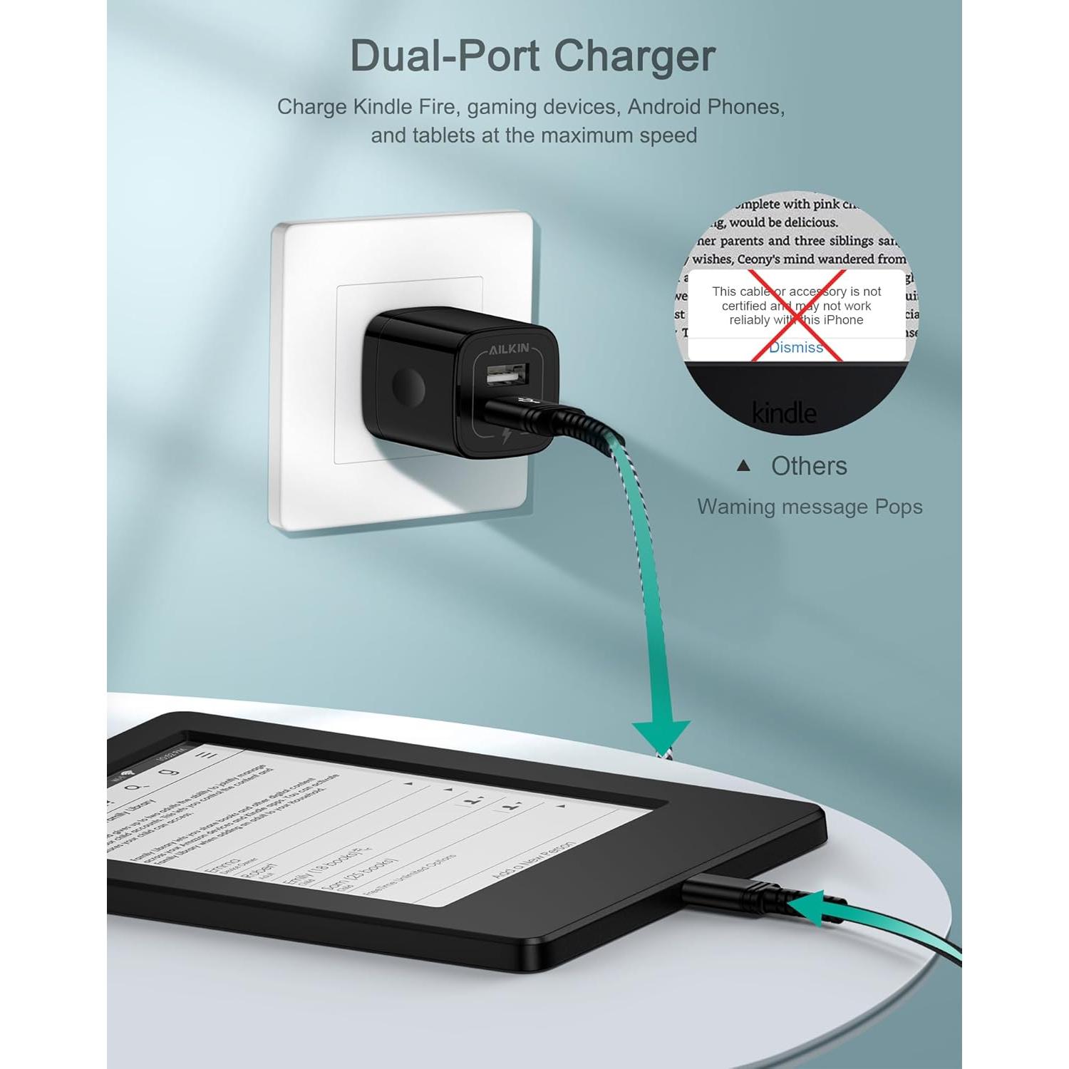 Cargador Micro USB Doble Puerto AILKIN con Cable 1.83m