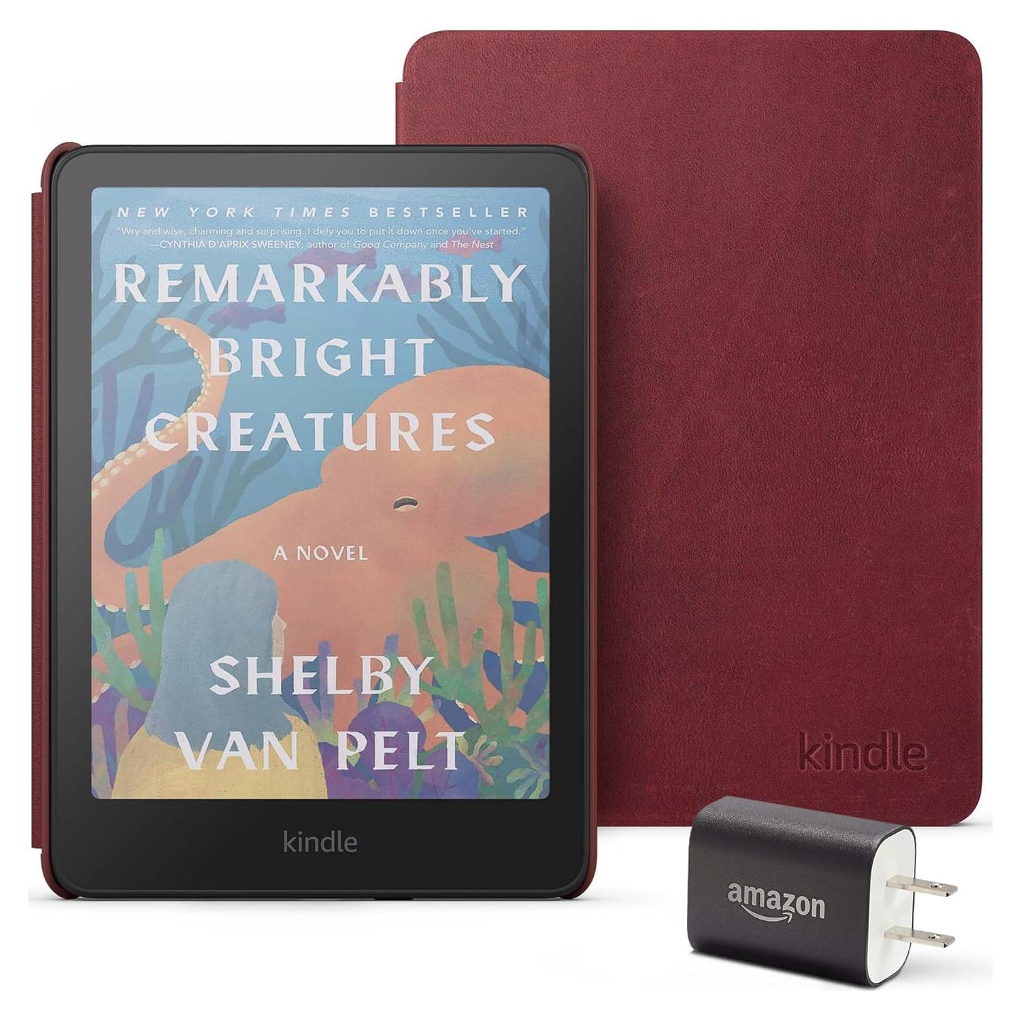 Introducing Amazon Kindle Colorsoft Essentials Bundle including Kindle Colorsoft (16 GB) – With color display - Black, Premium Leather Cover-Ruby and Power Adapter
