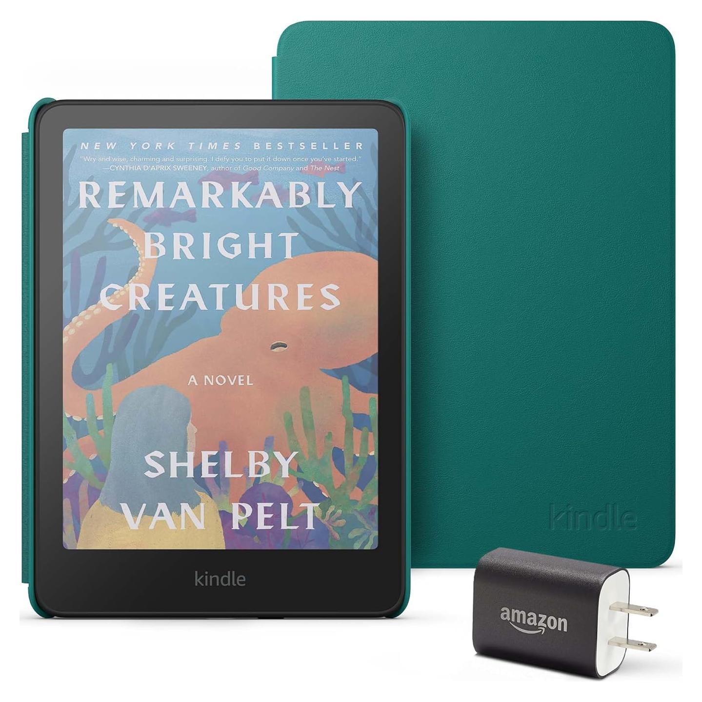 Introducing Amazon Kindle Colorsoft Essentials Bundle including Kindle Colorsoft (16 GB) – With color display - Black, Plant-Based Leather Cover-Jade and Power Adapter