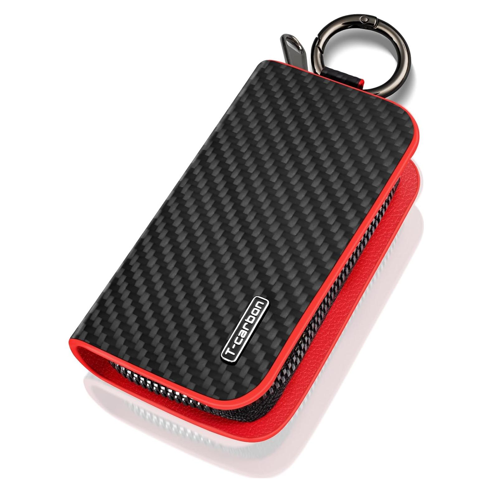 Funda para llavero T-carbon de fibra de carbono y cuero ROJO
