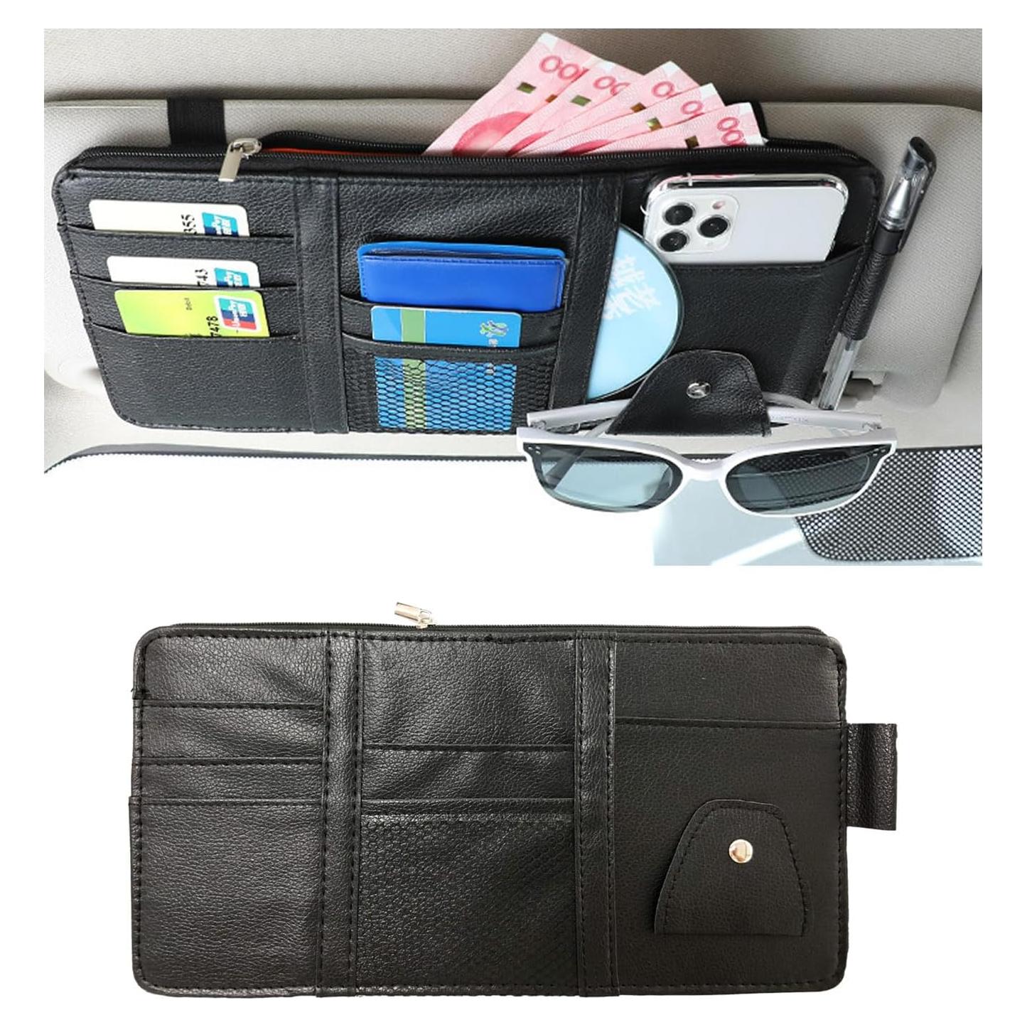 Car Sun Visor Organizer, Multifunctional Visor Storage Holder for License Pen Key, Leather Card Cash Pouch with Multi-Pocket Net Zipper, Universal Interior Car Accessories (Black)