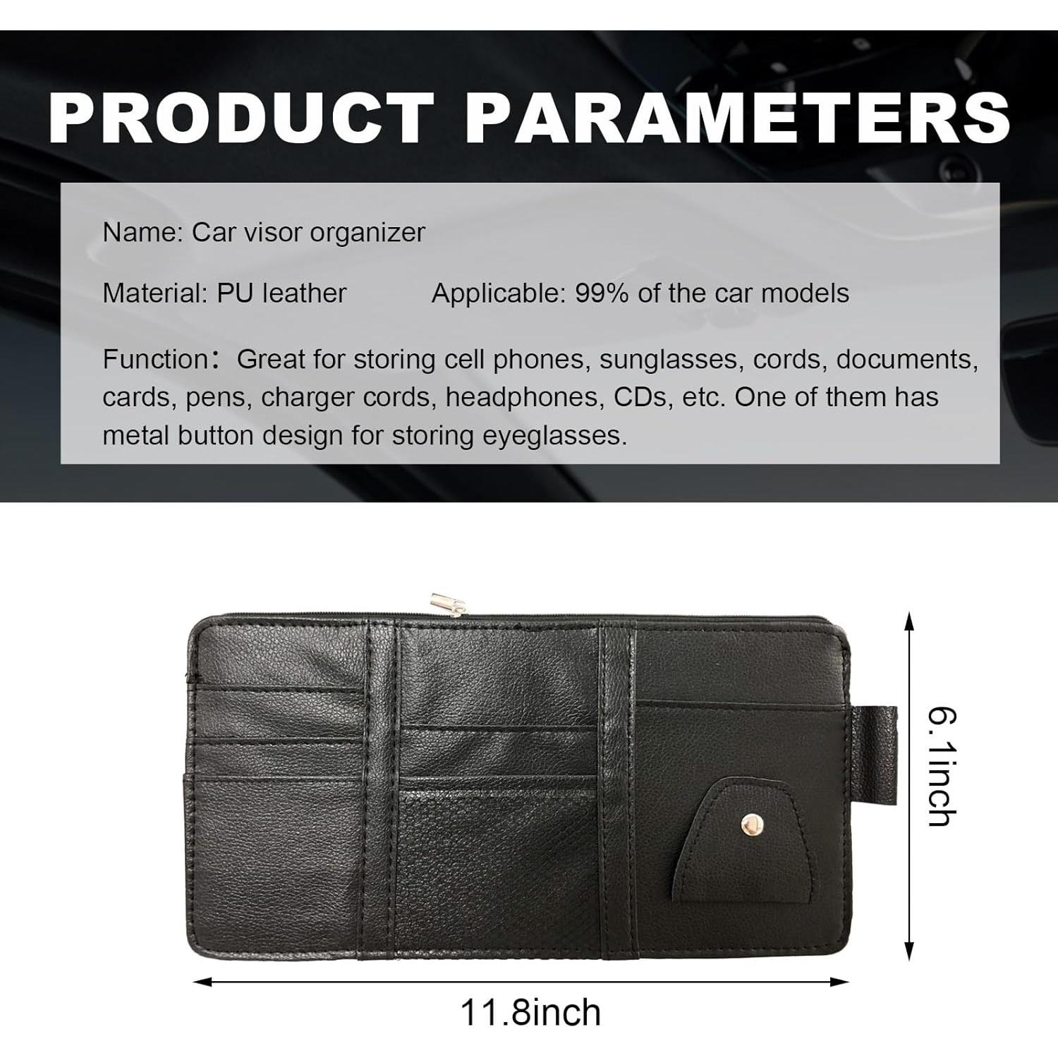 Car Sun Visor Organizer, Multifunctional Visor Storage Holder for License Pen Key, Leather Card Cash Pouch with Multi-Pocket Net Zipper, Universal Interior Car Accessories (Black)