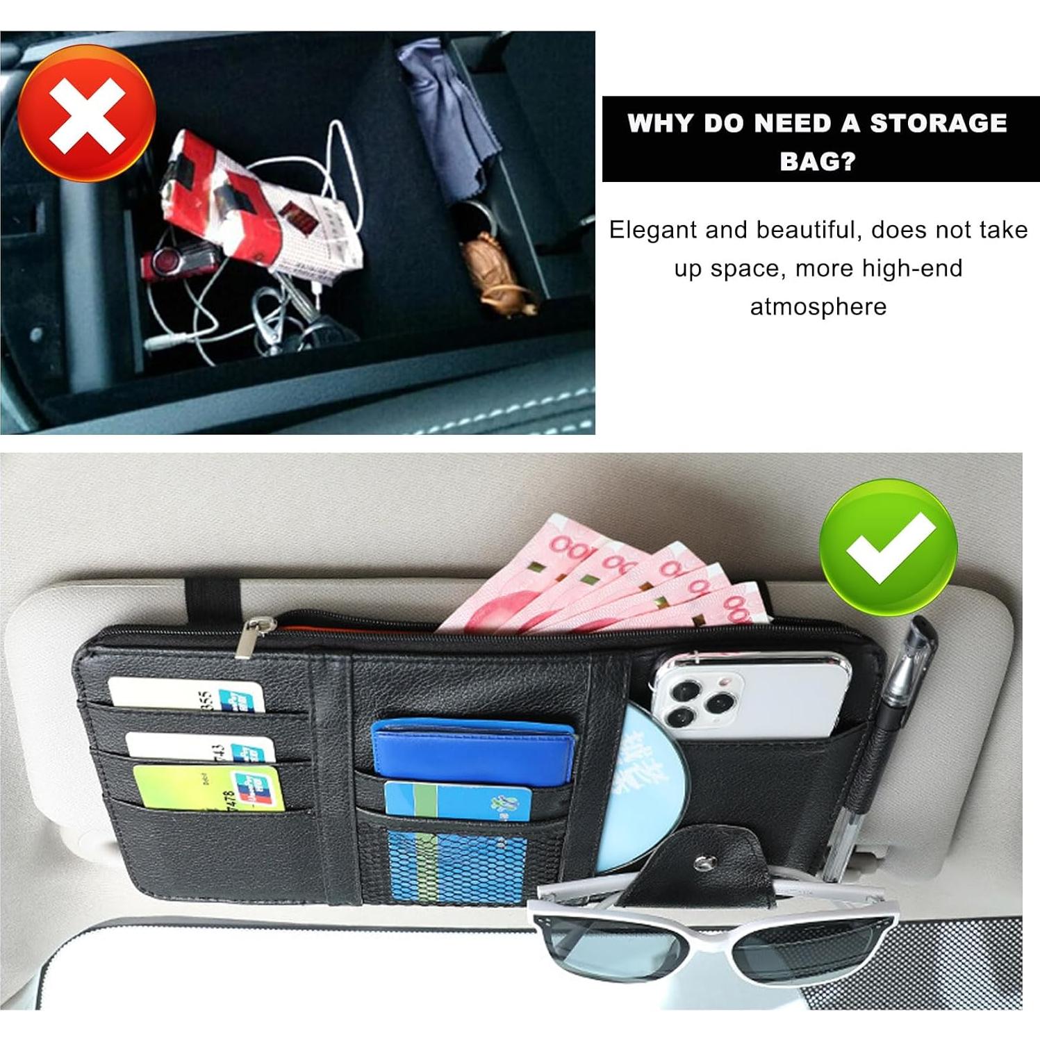 Car Sun Visor Organizer, Multifunctional Visor Storage Holder for License Pen Key, Leather Card Cash Pouch with Multi-Pocket Net Zipper, Universal Interior Car Accessories (Black)