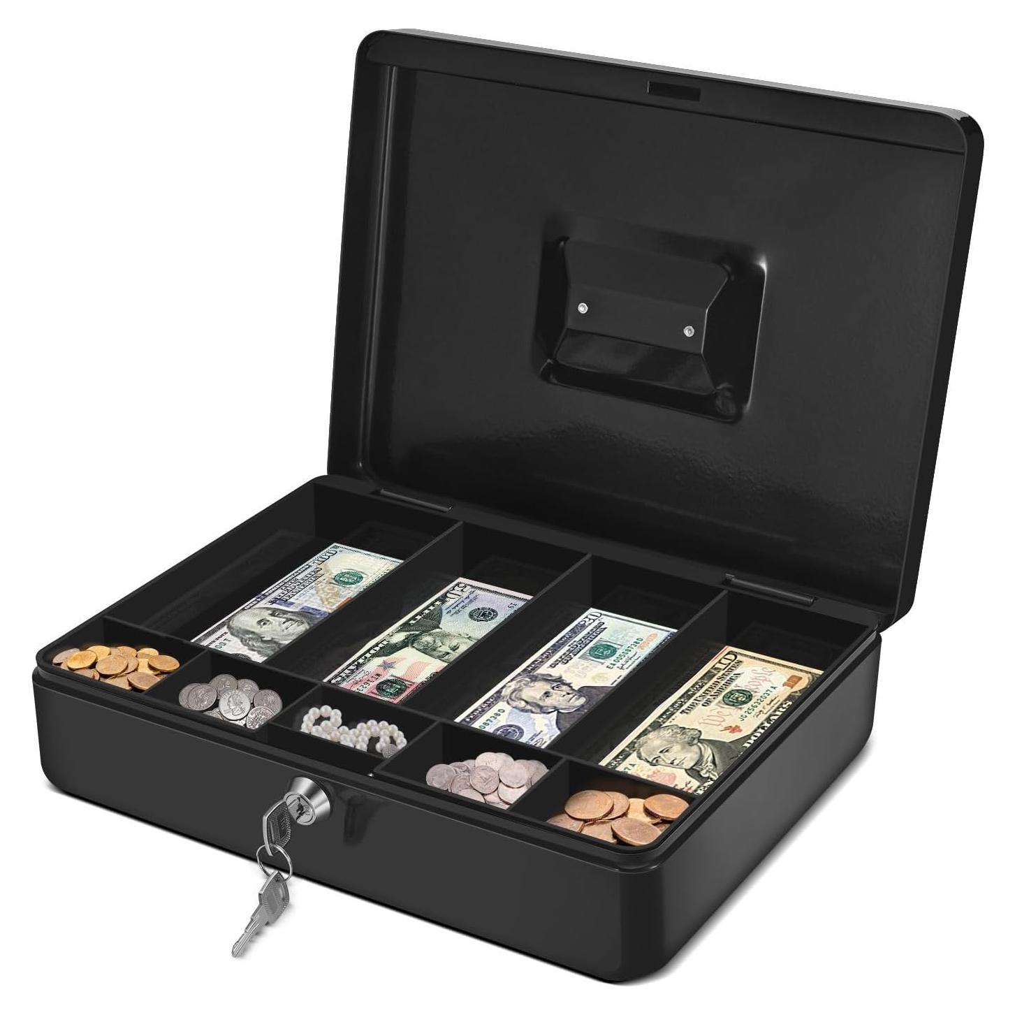 Caja de Dinero Flexzion Negra con Bandeja y Cerradura 29x23x8cm