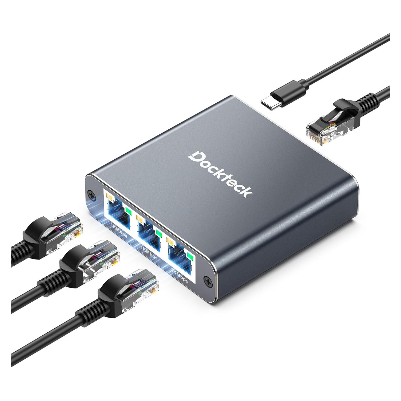 Divisor Ethernet 1 a 3 Dockteck 1000Mbps Gris Aluminio