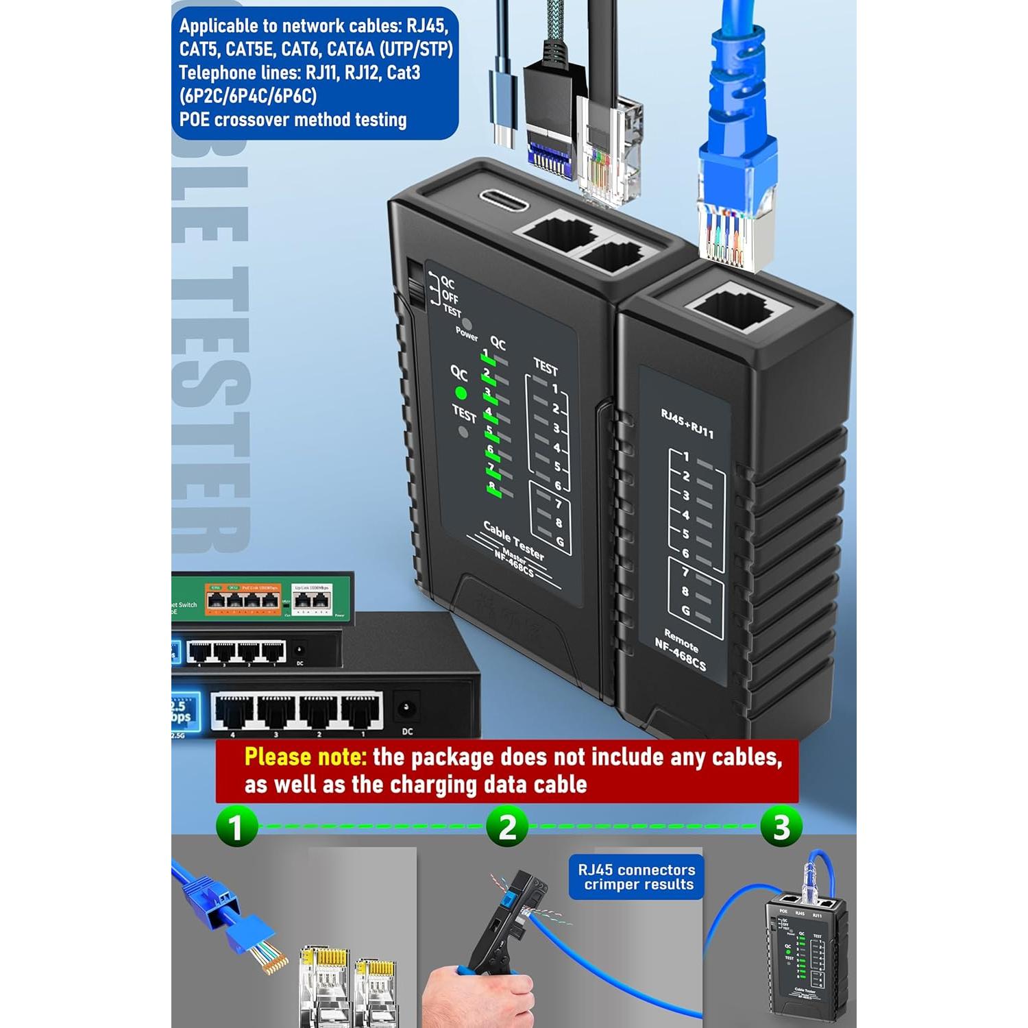 Probador de Cable de Red ZHOUCE NF-468CS - Ethernet, RJ45/RJ11