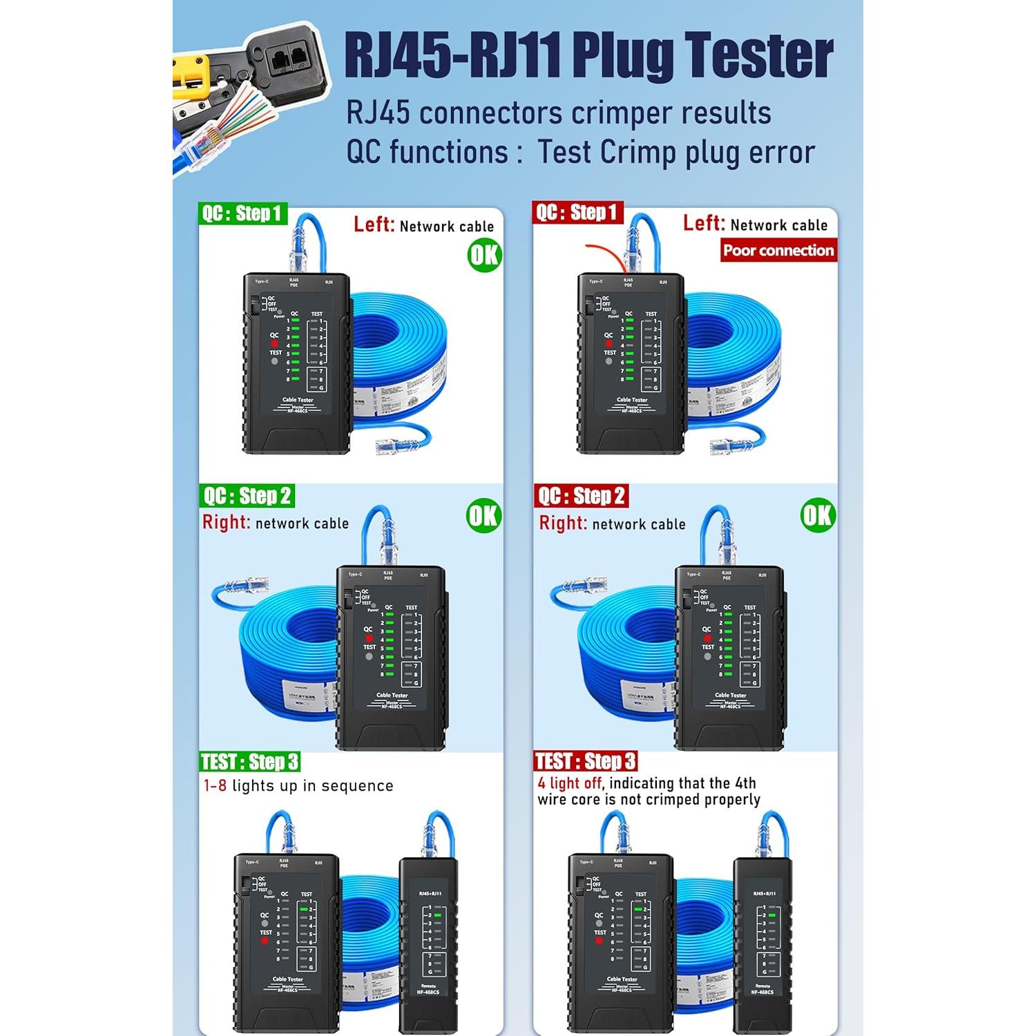 Probador de Cable de Red ZHOUCE NF-468CS - Ethernet, RJ45/RJ11