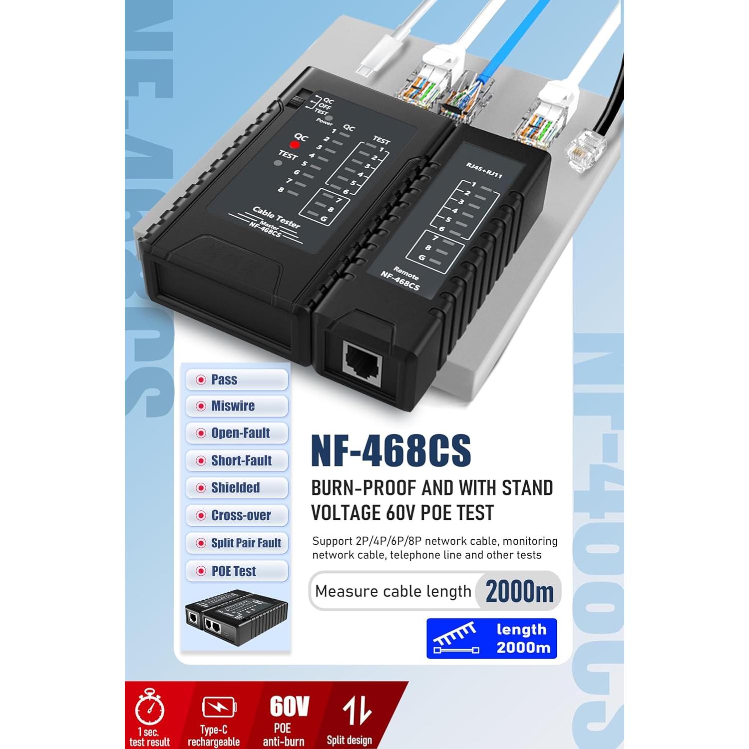 Probador de Cable de Red ZHOUCE NF-468CS - Ethernet, RJ45/RJ11