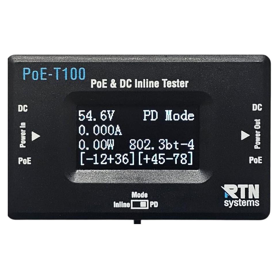 Probador Inline DC y PoE RTN Systems PoE-T100 con Pantalla OLED