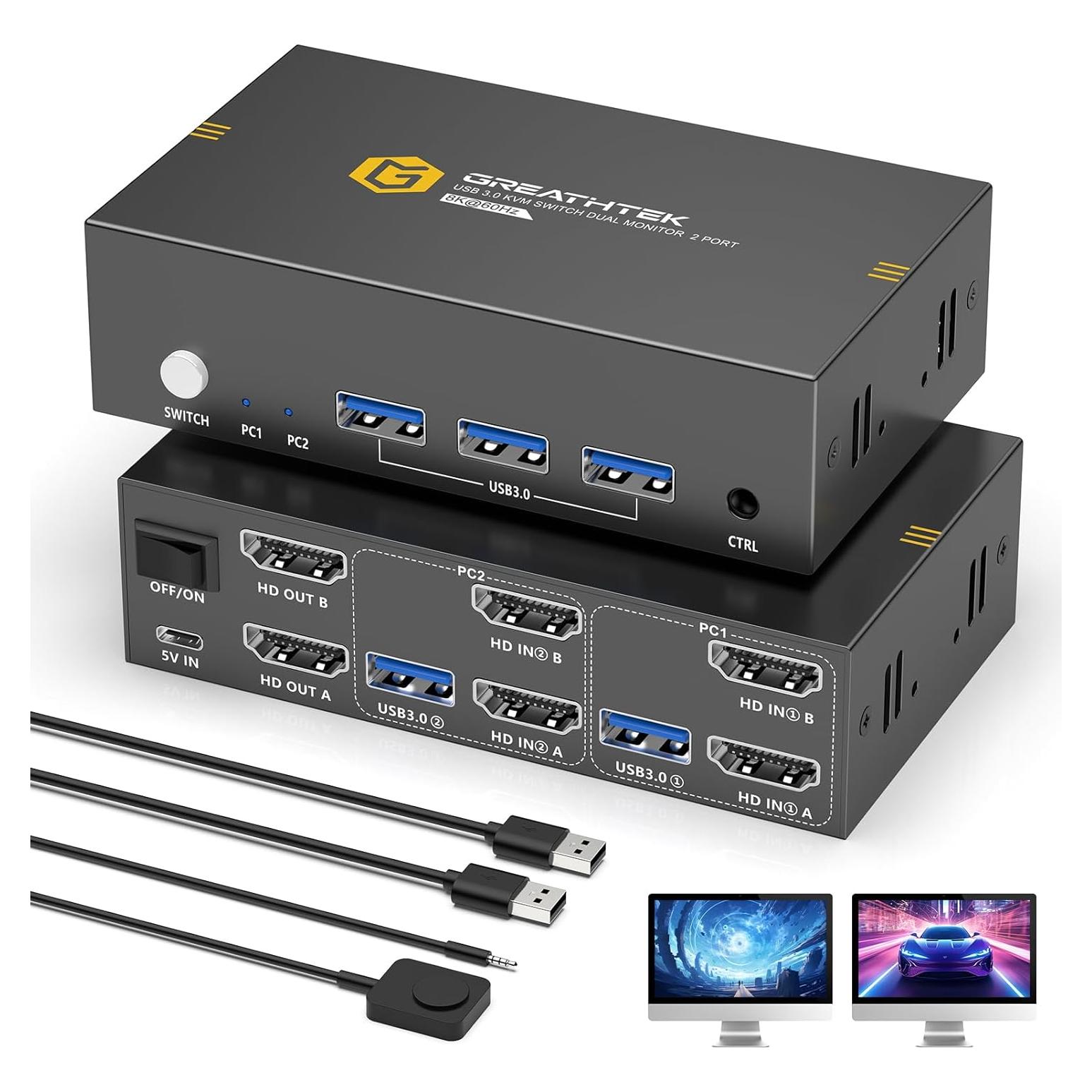Conmutador KVM HDMI 8K 2 Monitores 2 Computadoras GREATHTEK