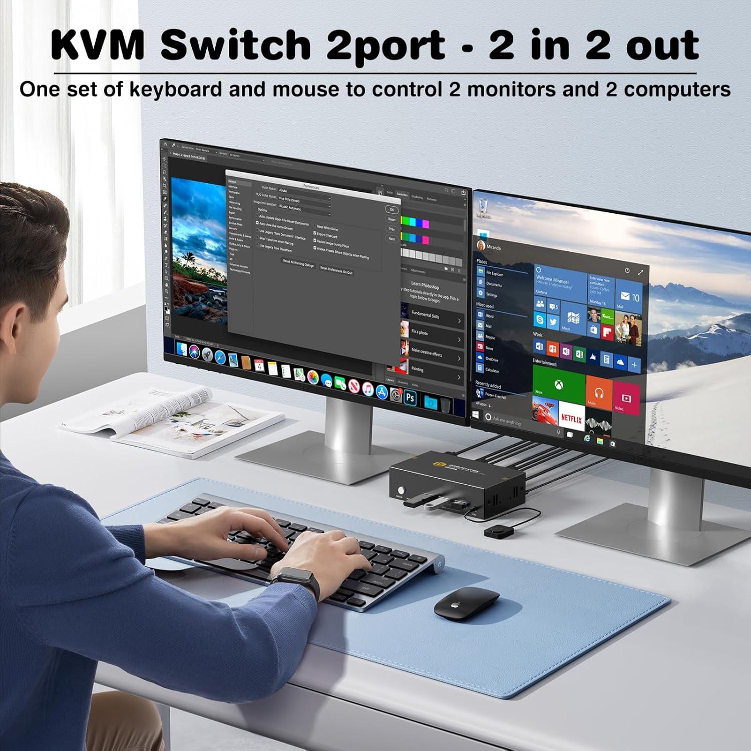 Conmutador KVM HDMI 8K 2 Monitores 2 Computadoras GREATHTEK