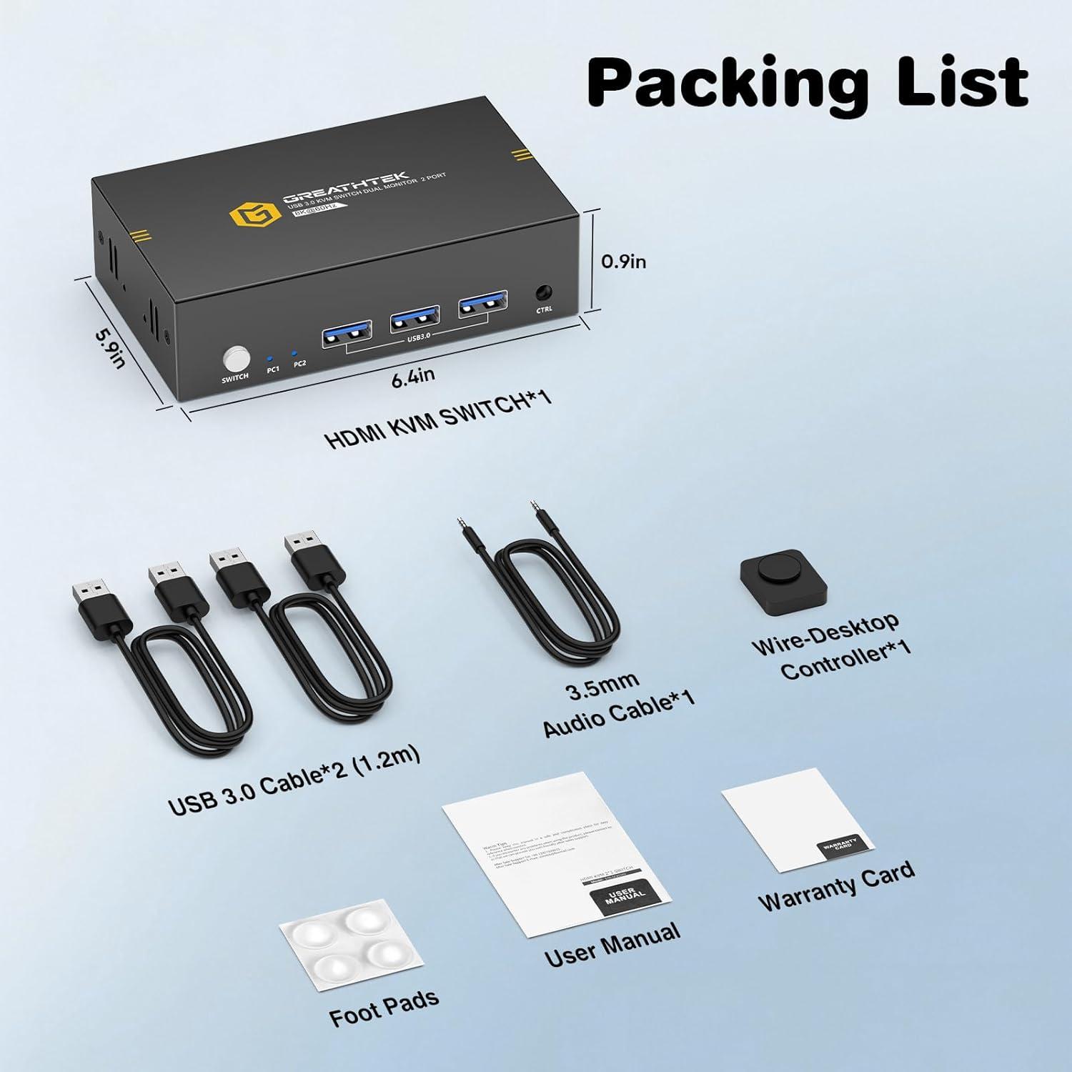 Conmutador KVM HDMI 8K 2 Monitores 2 Computadoras GREATHTEK