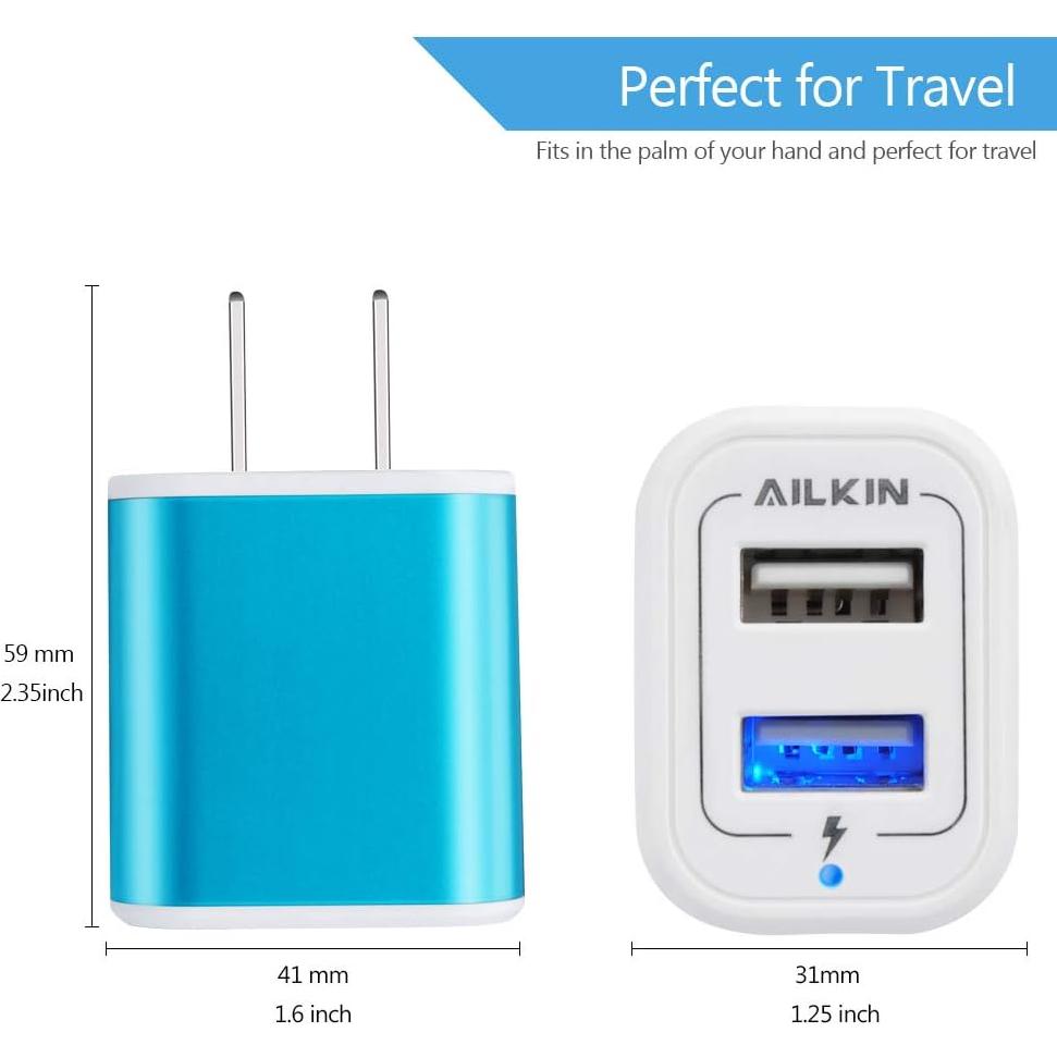 Cargador de pared USB AILKIN 2Pack 2.1A carga rápida azul
