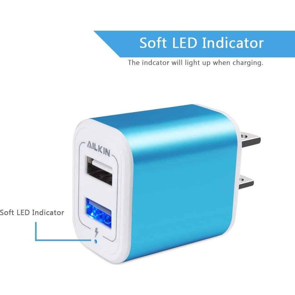 Cargador de pared USB AILKIN 2Pack 2.1A carga rápida azul