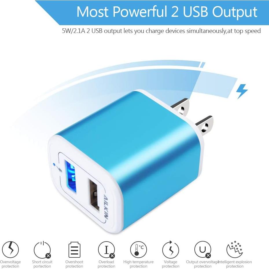 Cargador de pared USB AILKIN 2Pack 2.1A carga rápida azul