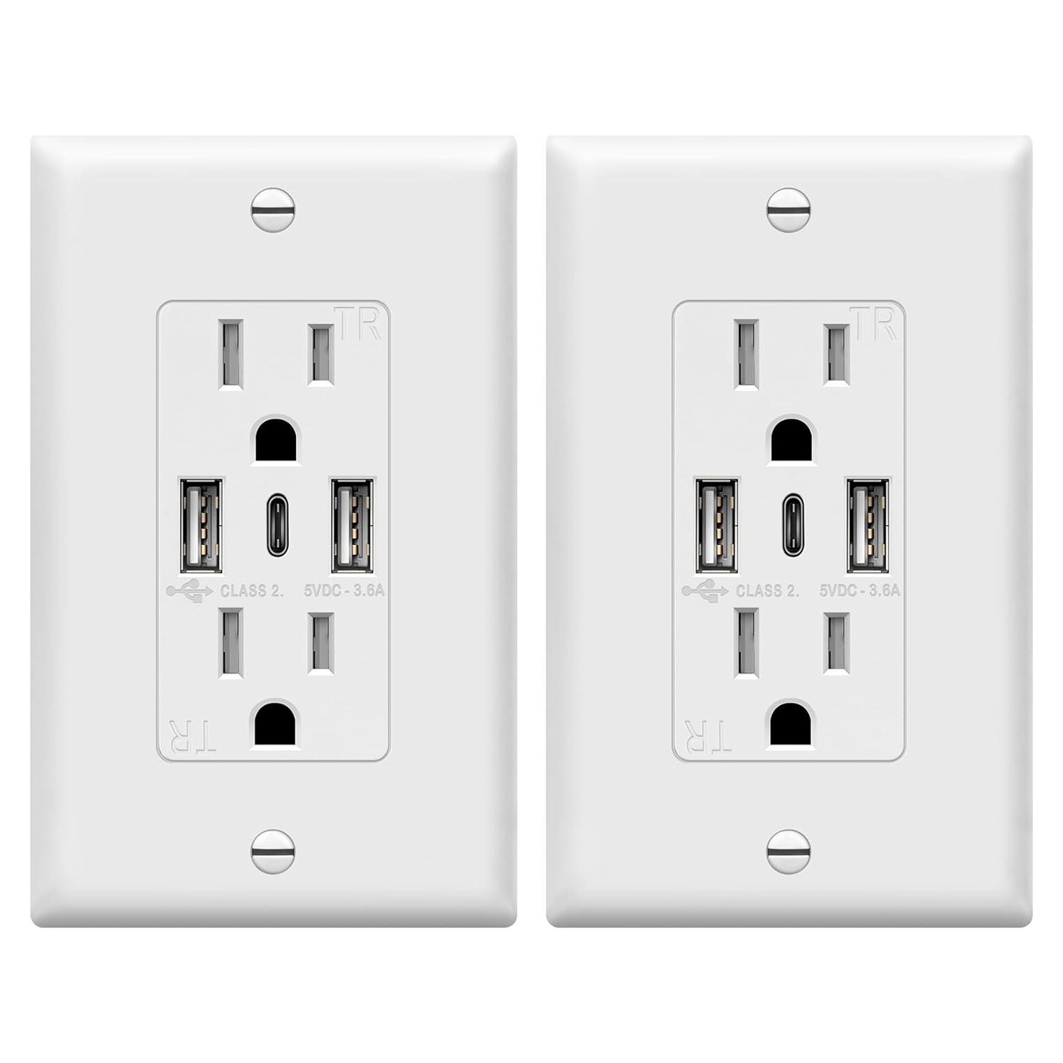 Enchufe USB de Pared TOPGREENER 3 Puertos 3.6A 15A Blanco - 2 Pcs
