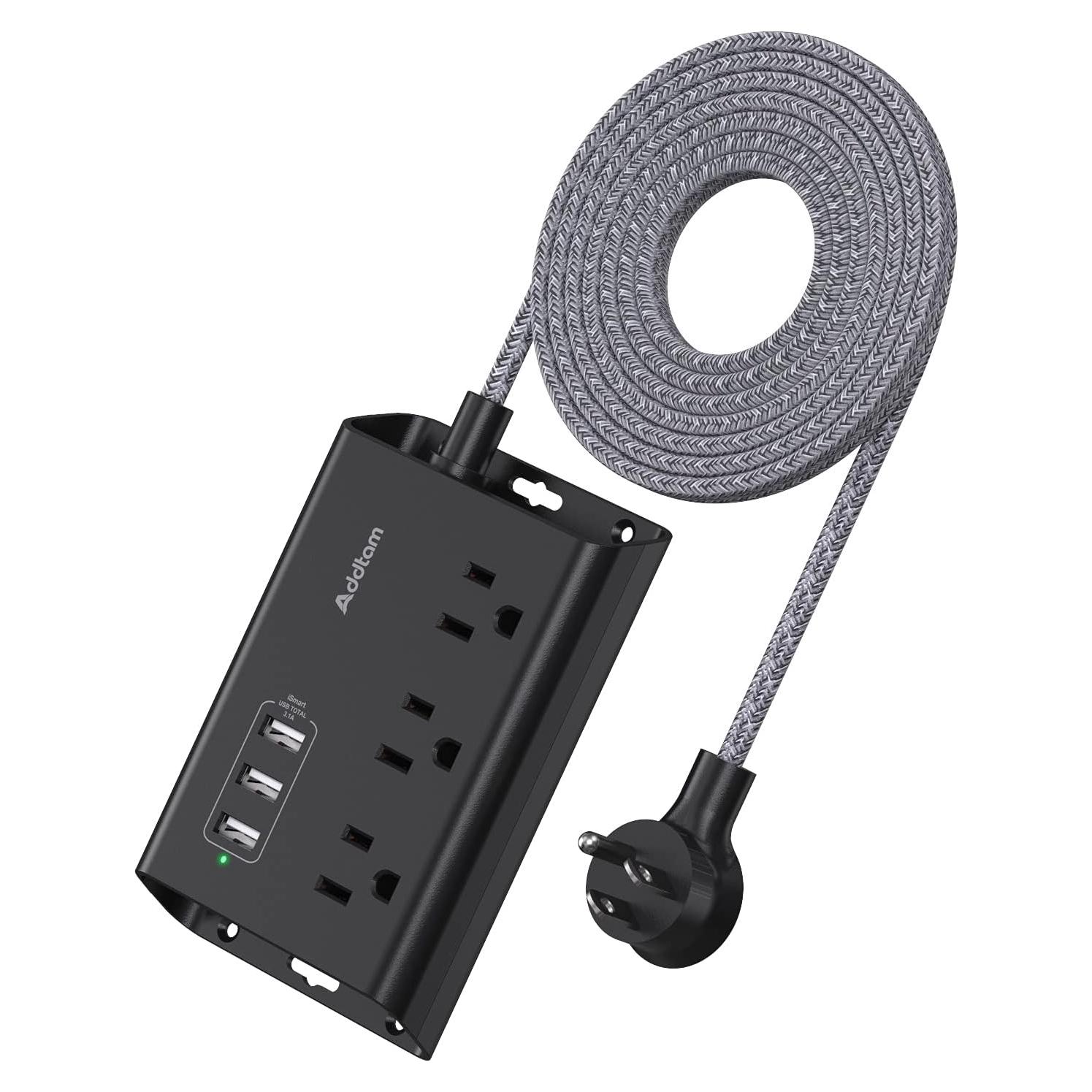 Regleta de Poder Addtam 3 Enchufes y 3 USB 1.52m Negro