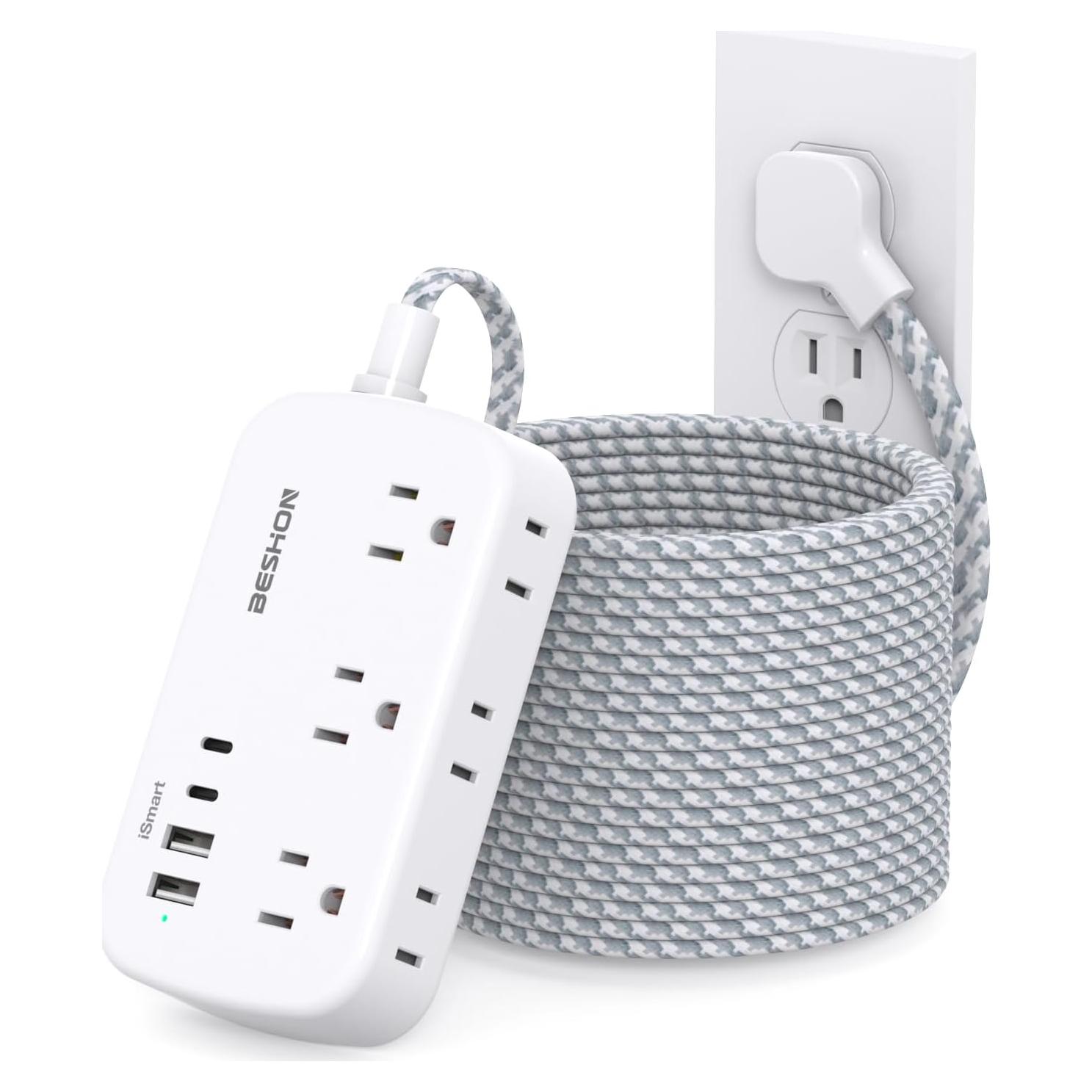 Regleta de Enchufes BESHON 7.62m con 6 Salidas y 4 USB