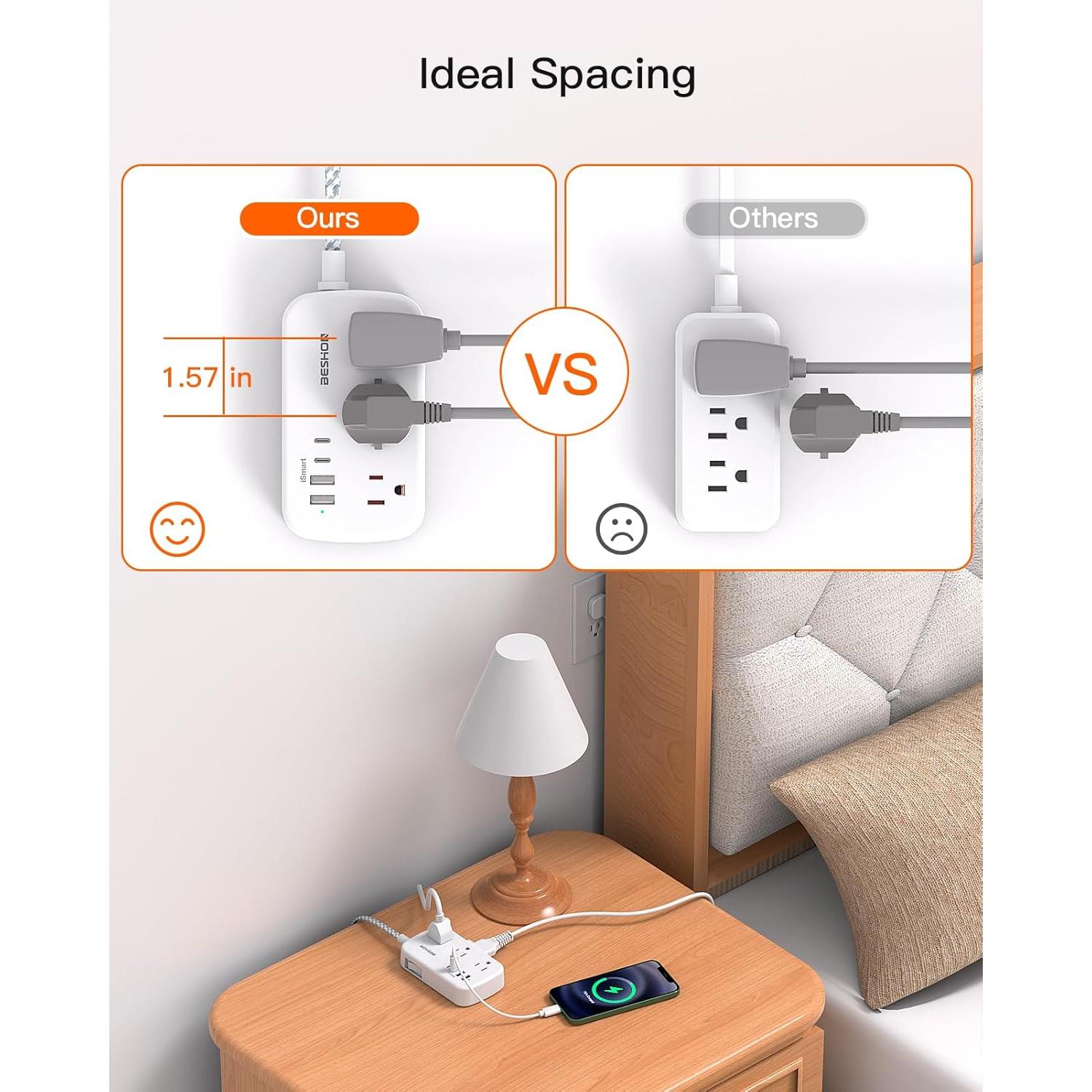 Regleta de Enchufes BESHON 7.62m con 6 Salidas y 4 USB