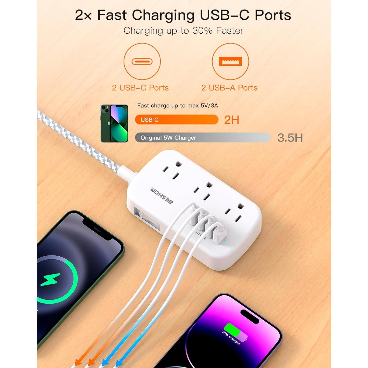 Regleta de Enchufes BESHON 7.62m con 6 Salidas y 4 USB