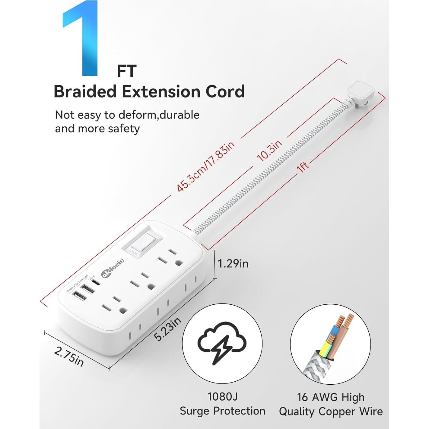 Regleta de Alimentación Okleeic 6 Salidas + 3 USB 1 Pie
