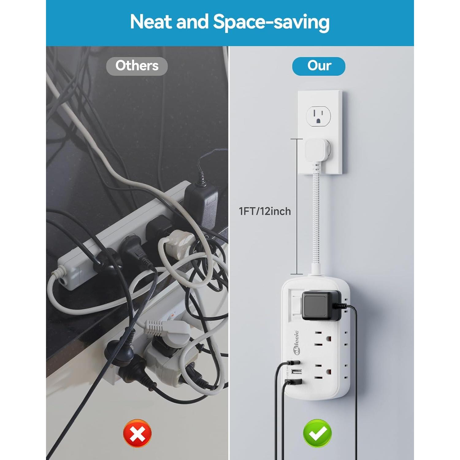 Regleta de Alimentación Okleeic 6 Salidas + 3 USB 1 Pie