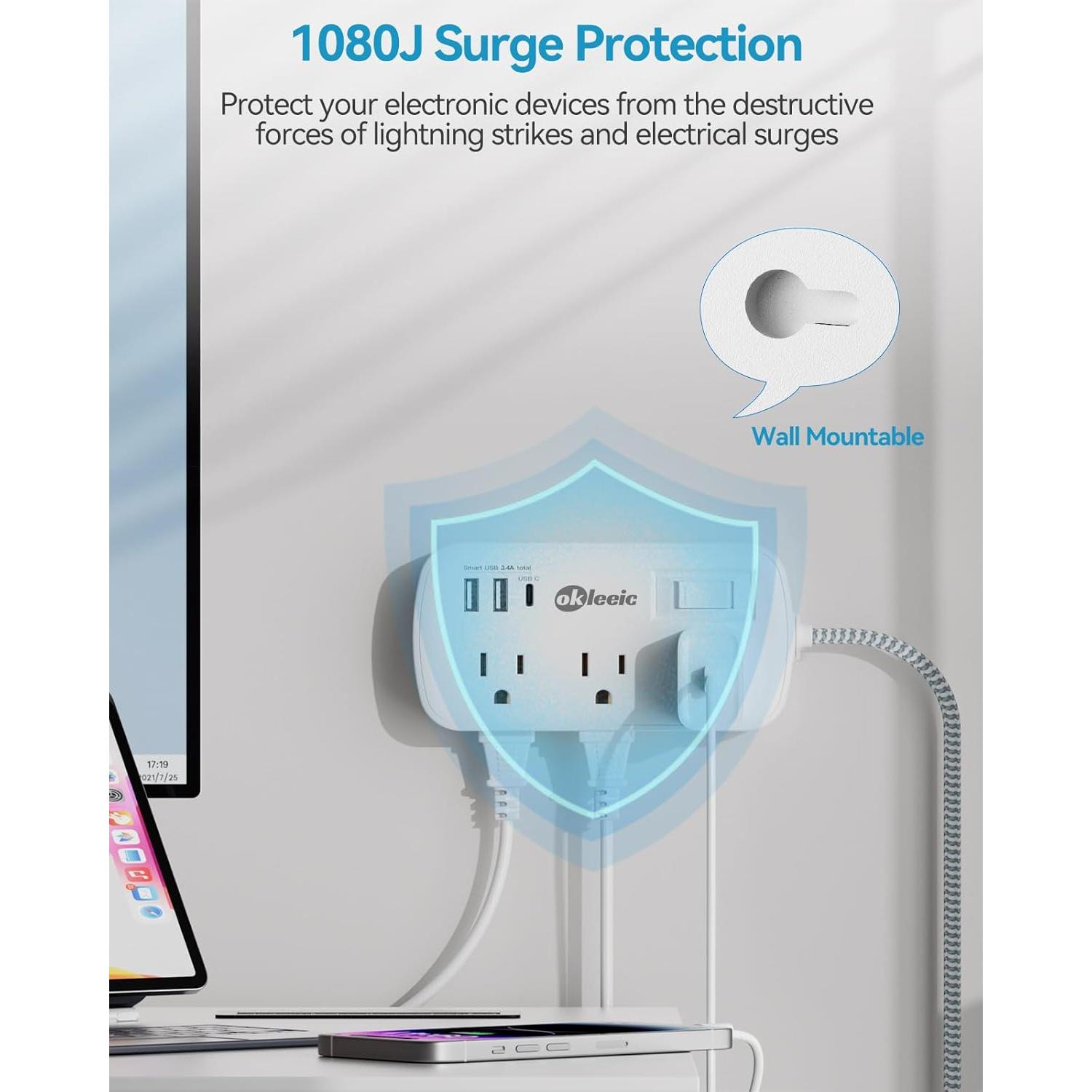 Regleta de Alimentación Okleeic 6 Salidas + 3 USB 1 Pie