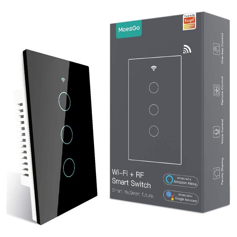 Interruptor Inteligente Táctil MoesGo WiFi 3 Gang Negro 110V