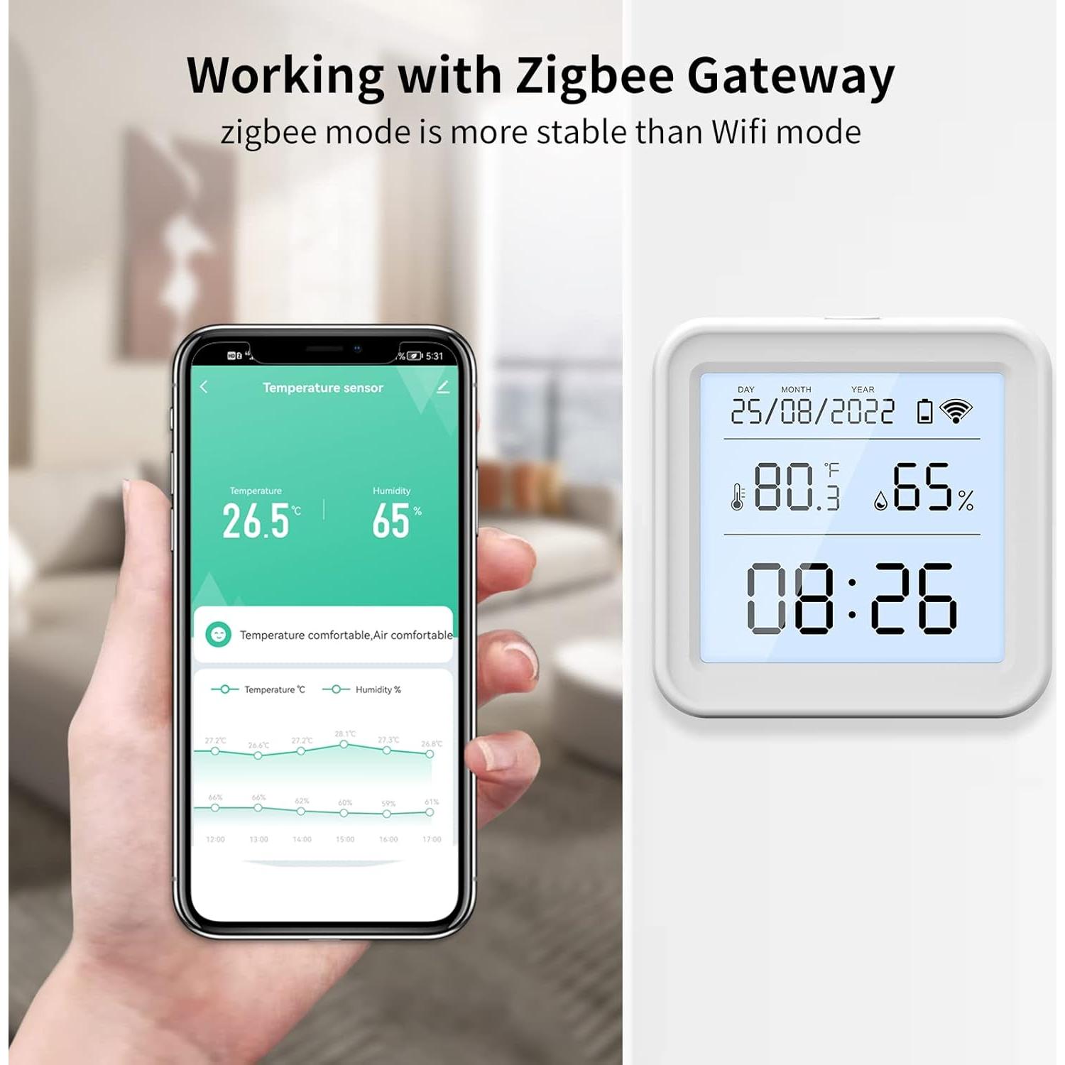 Sensor de Temperatura y Humedad eMylo Zigbee, Compatible con Alexa
