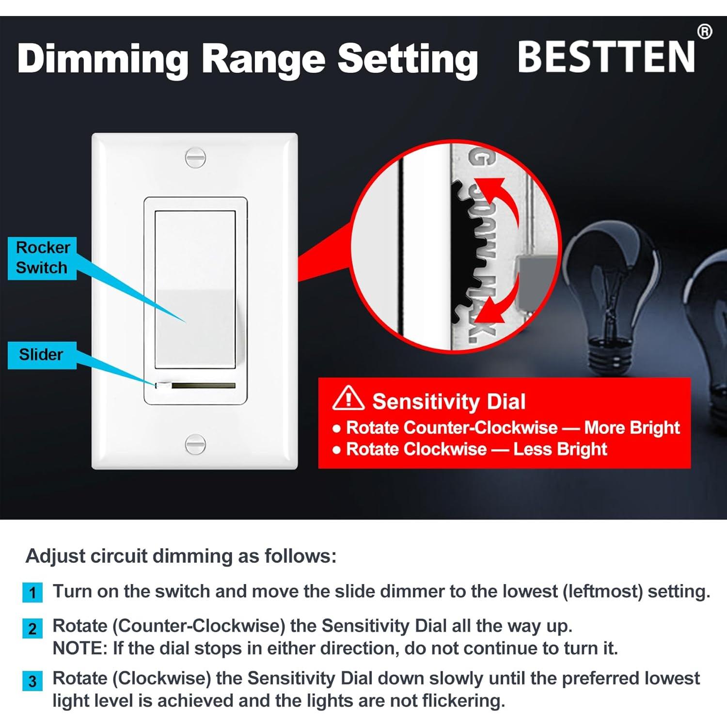 Interruptor Regulador de Luz BESTTEN 6 Pack Blanco LED 120V