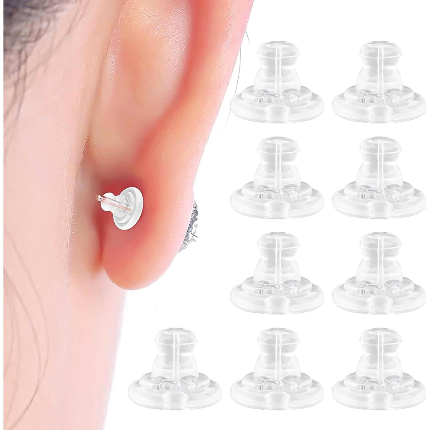 Earring Backs, 18K Gold Silicone Earring Backs, Studs, Hypoallergenice Silicone Earring Backs Replacements for Studs/Droopy Ears, No-Irritate Soft Clear Earring Backs for Adults (Color:Silver)