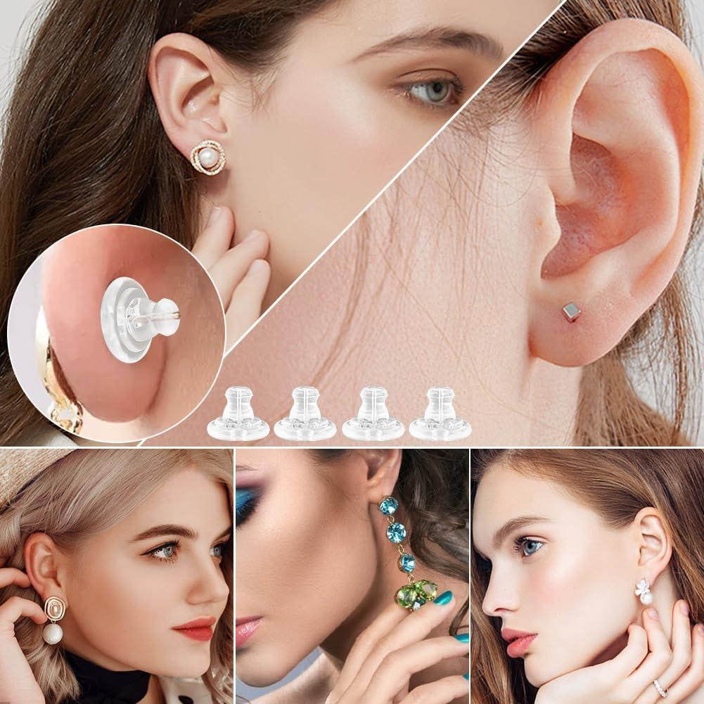 Earring Backs, 18K Gold Silicone Earring Backs, Studs, Hypoallergenice Silicone Earring Backs Replacements for Studs/Droopy Ears, No-Irritate Soft Clear Earring Backs for Adults (Color:Silver)