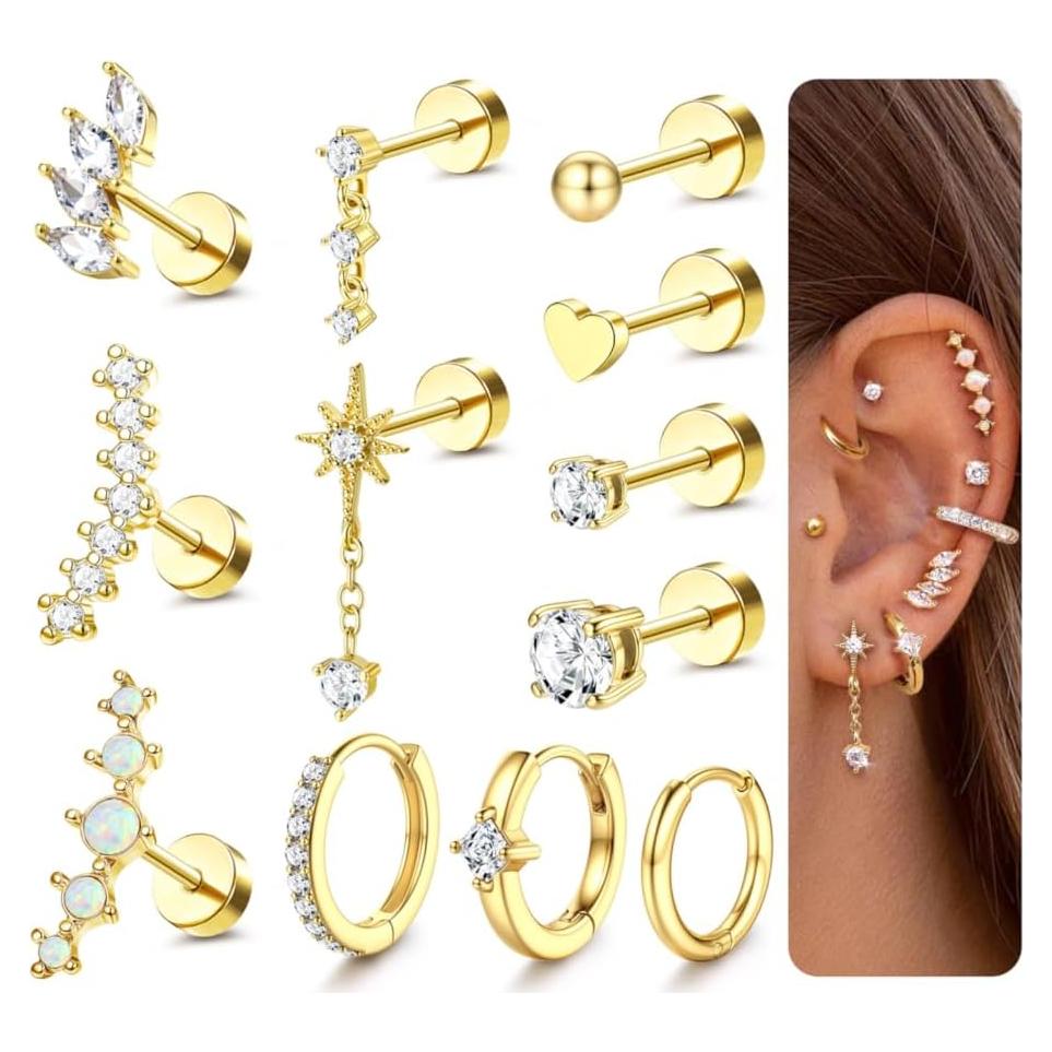 Set de Pendientes de Cartílago YADOCA 12 Piezas Hipoalergénicos