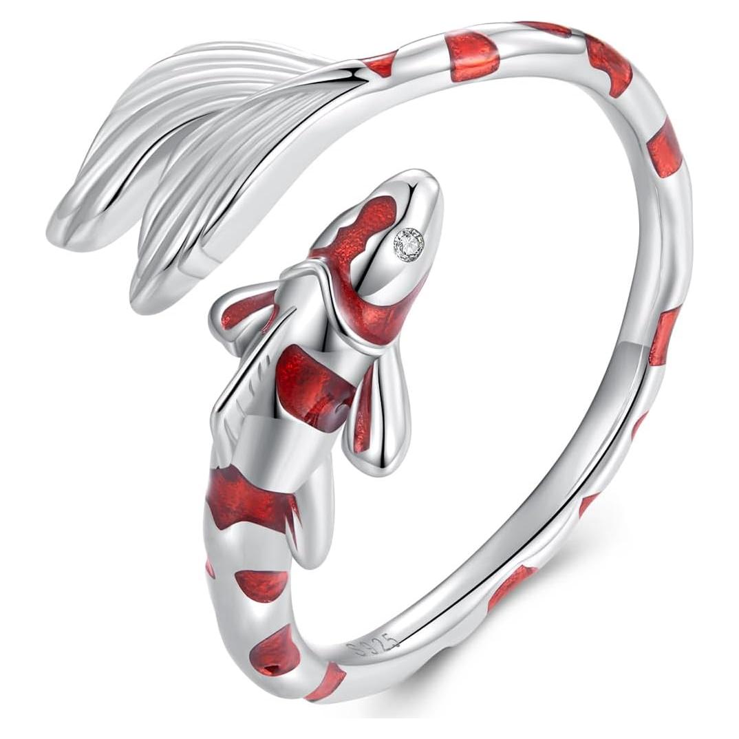 Anillo Abierto Ajustable de Plata VOROCO con Diseño de Pez Koi