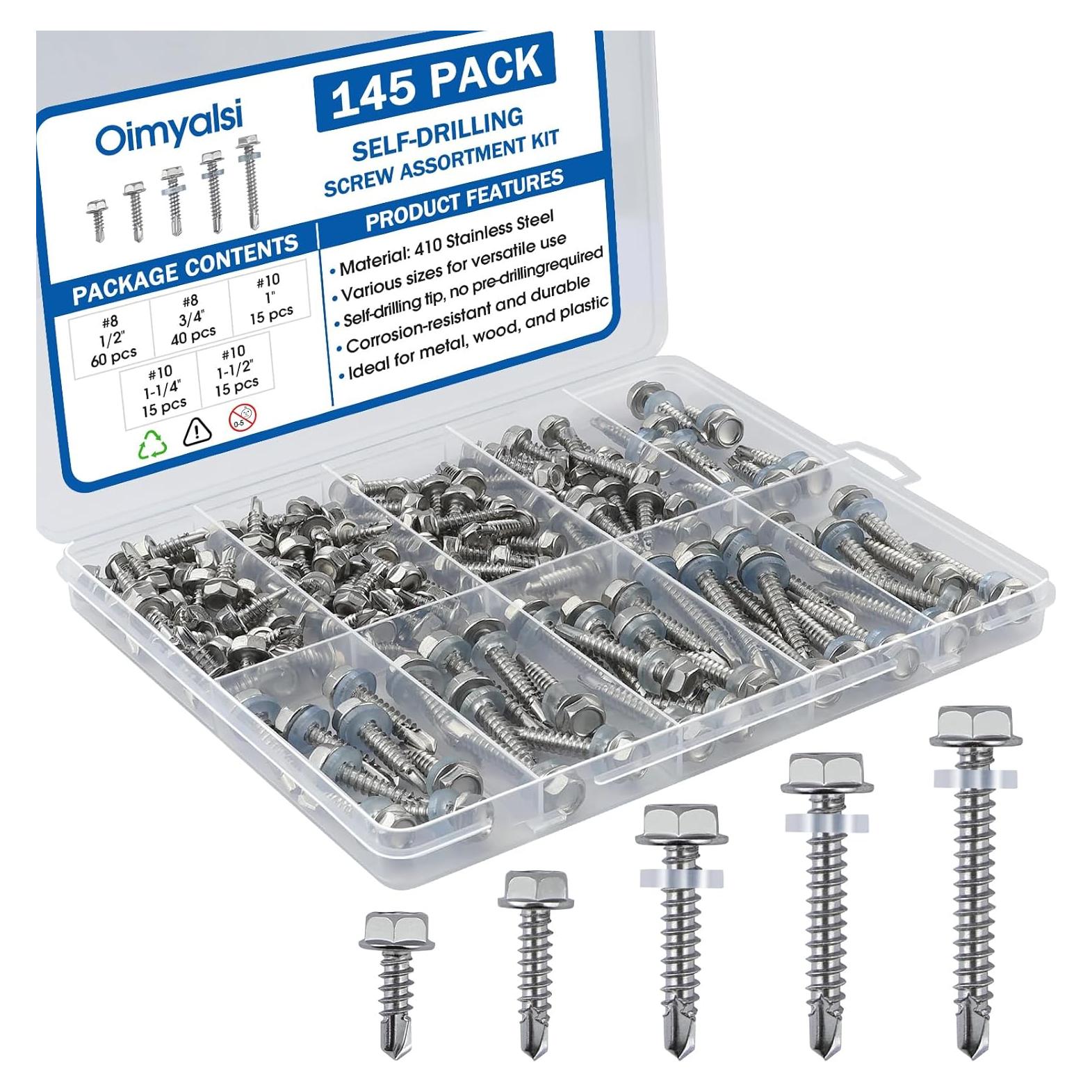Kit de 145 Tornillos Autoperforantes Acero Inoxidable Oimyalsi