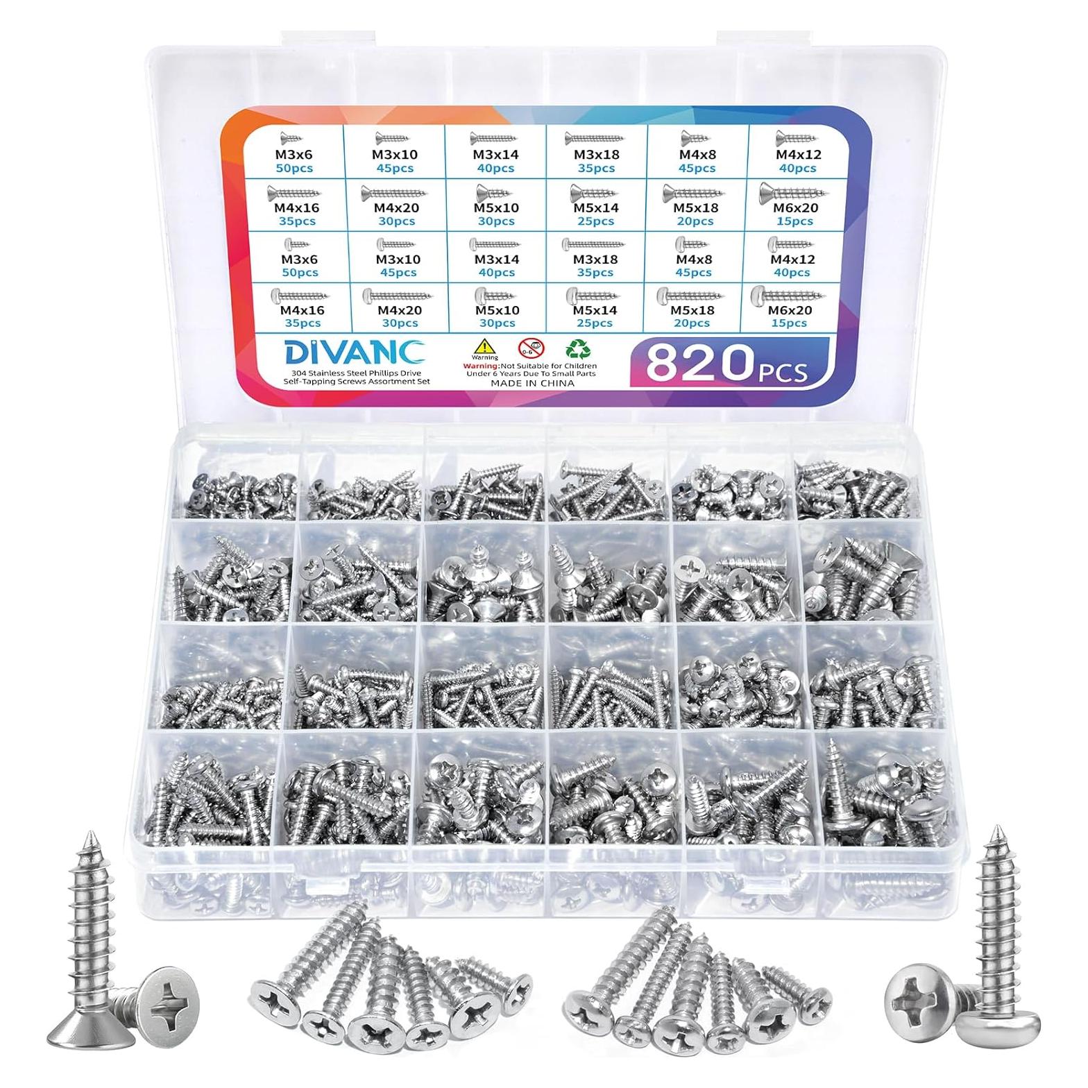 Juego de Tornillos de Madera DIVANC 820PCS M3 M4 M5 M6 Acero Inox