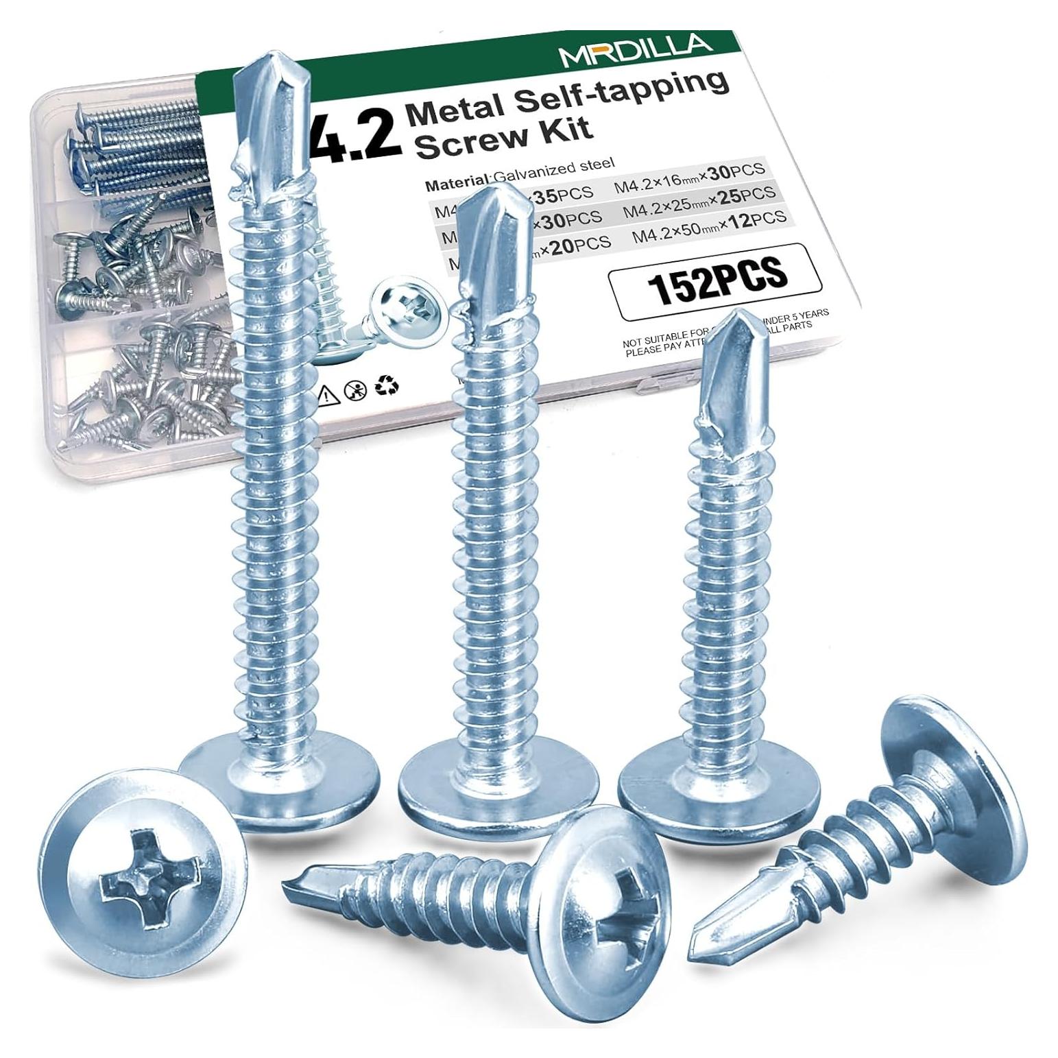 Kit de 152 Tornillos Autoperforantes M4.2 para Metal y Madera