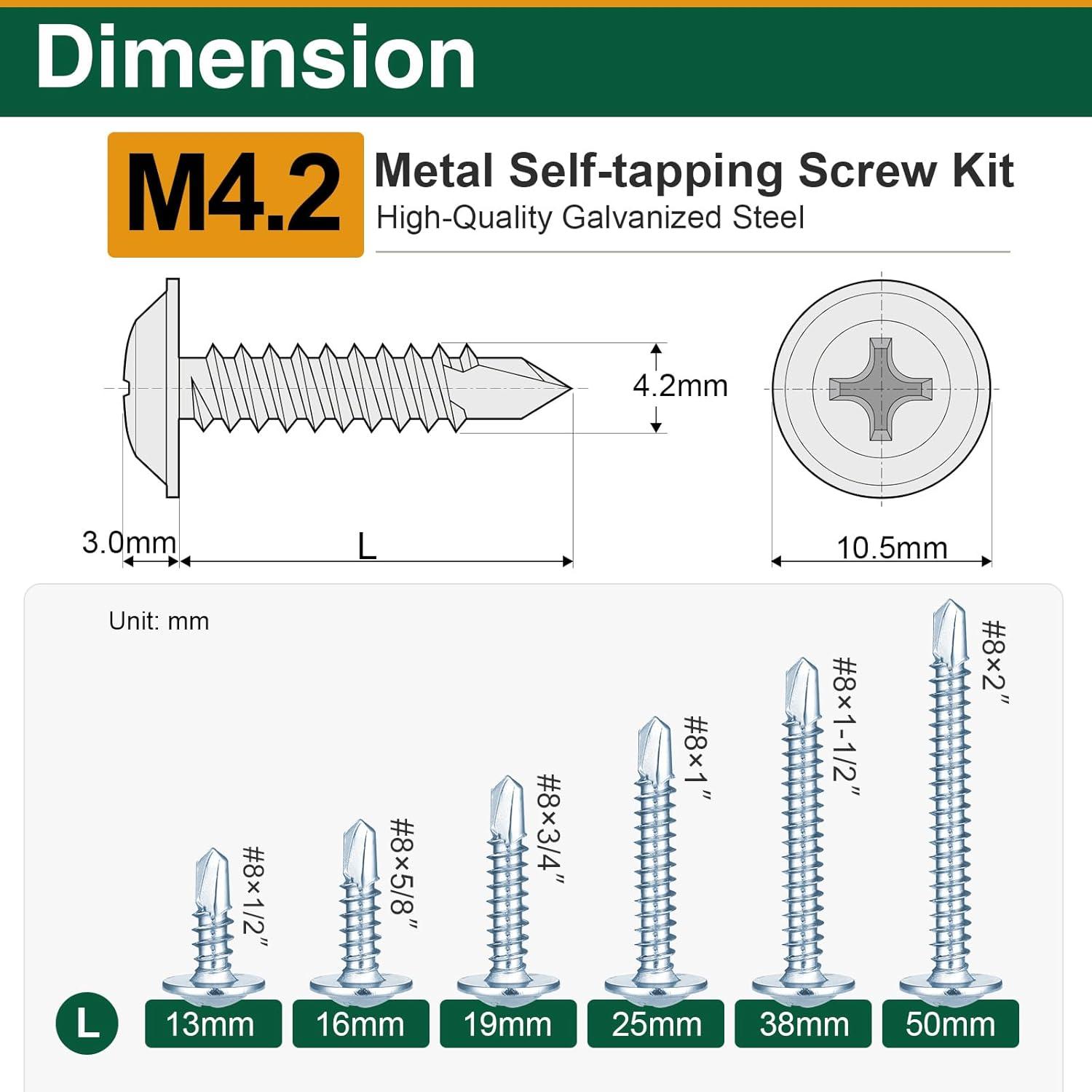 Kit de 152 Tornillos Autoperforantes M4.2 para Metal y Madera