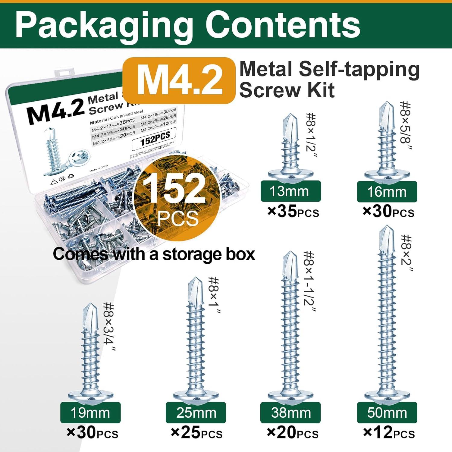 Kit de 152 Tornillos Autoperforantes M4.2 para Metal y Madera