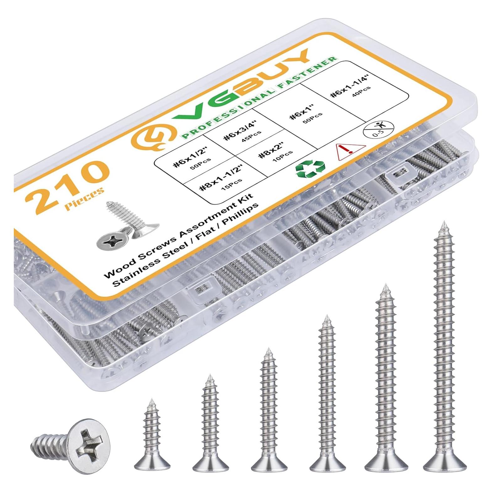 Kit de Tornillos de Madera VGBUY 210 Piezas Acero Inoxidable
