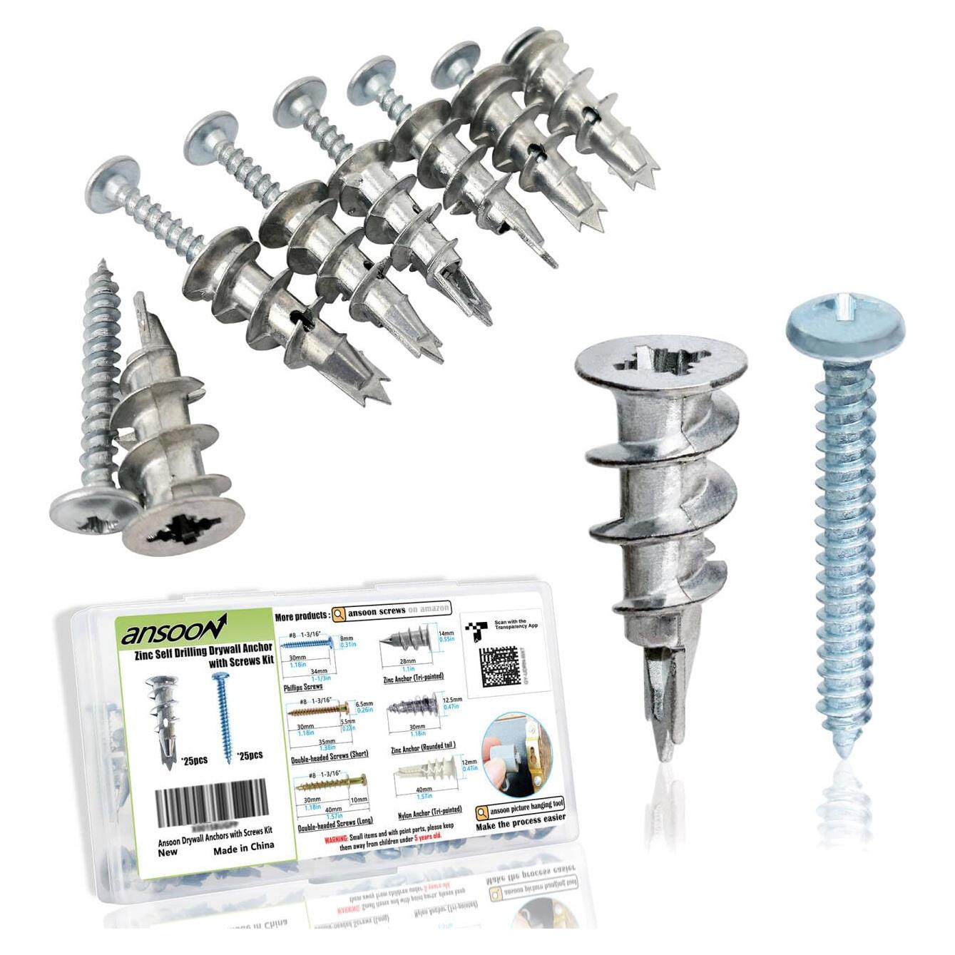 Anclajes de Yeso Autoperforantes Ansoon con Tornillos - 50 Piezas